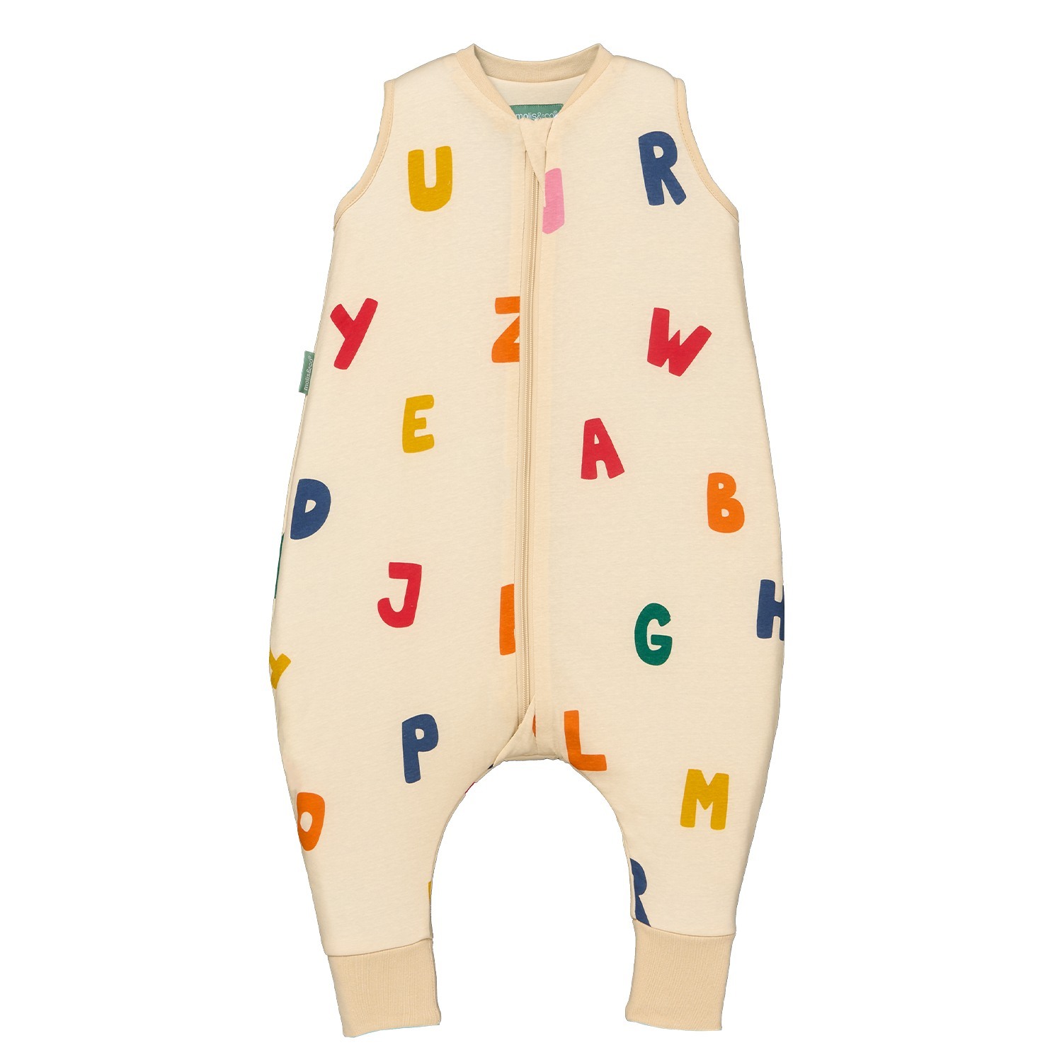 Macacão de bebé bege claro com letras coloridas e fecho zip frontal