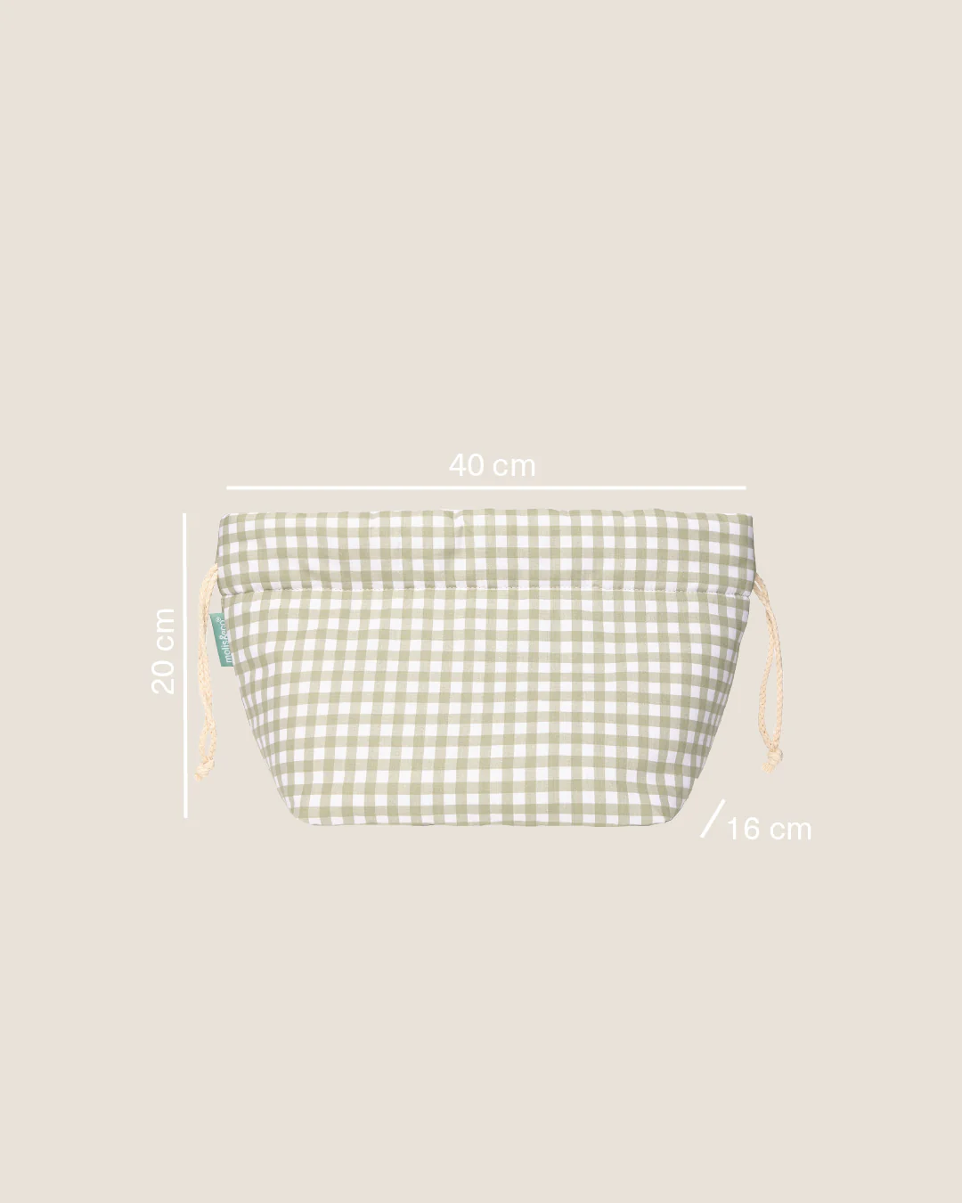 Bolsa de tecido xadrez verde e branco com formato trapezoidal