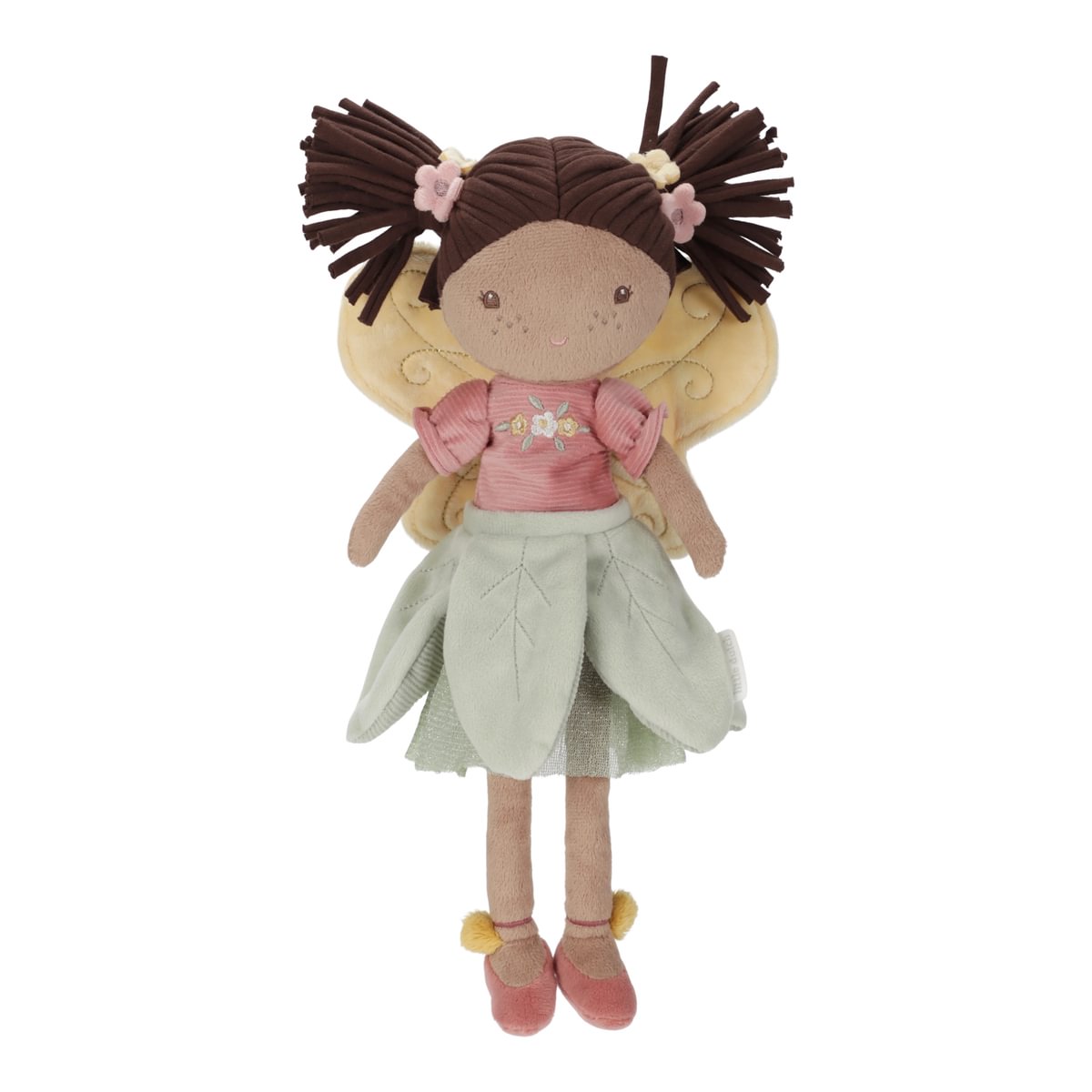 Boneca de peluche com vestido verde e asas amarelas