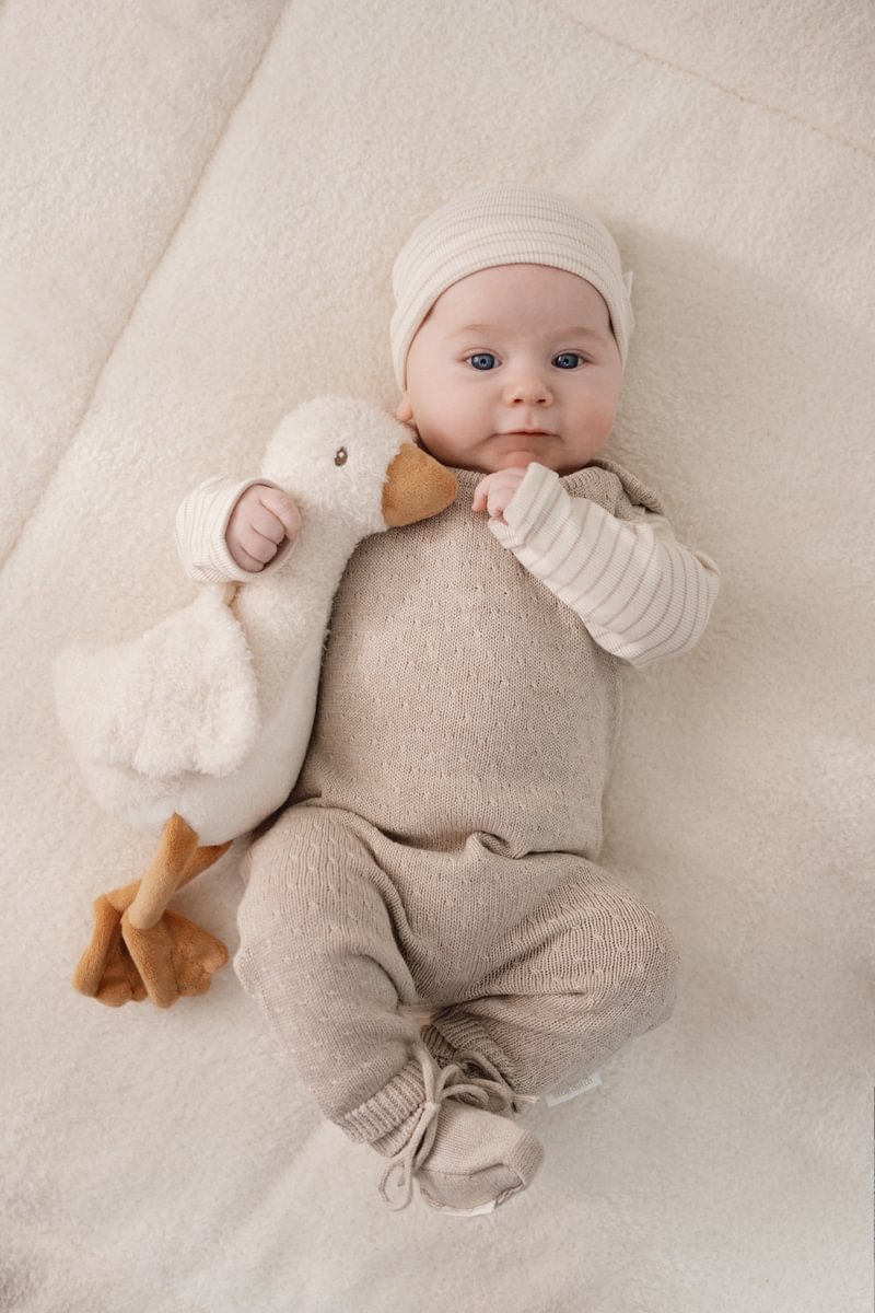 Bebé vestido de bege com peluche de pato branco.
