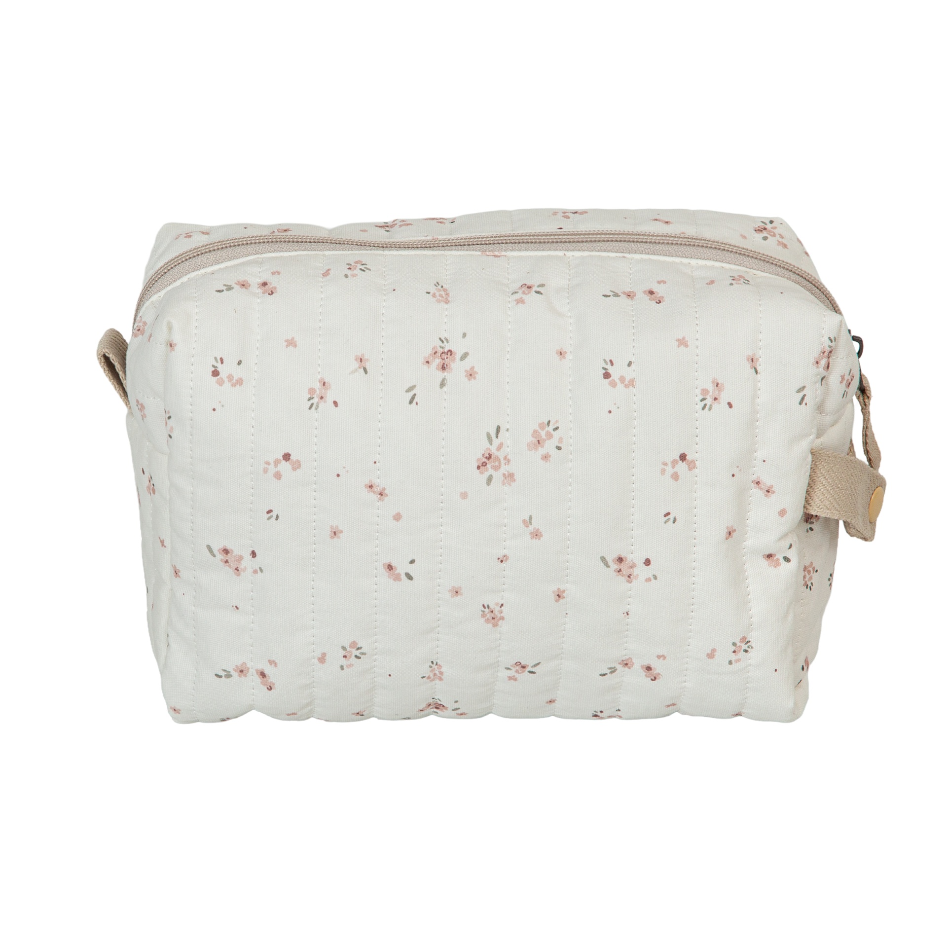 Mala pequena de tecido branco com padrão de flores cor-de-rosa