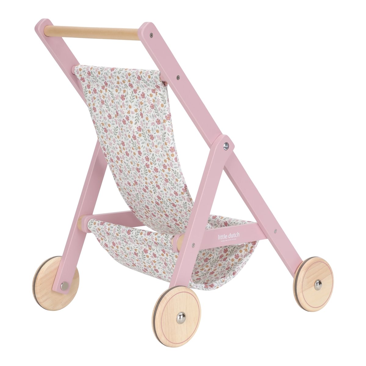 Carrinho de brincar rosa com tecido floral e rodas de madeira
