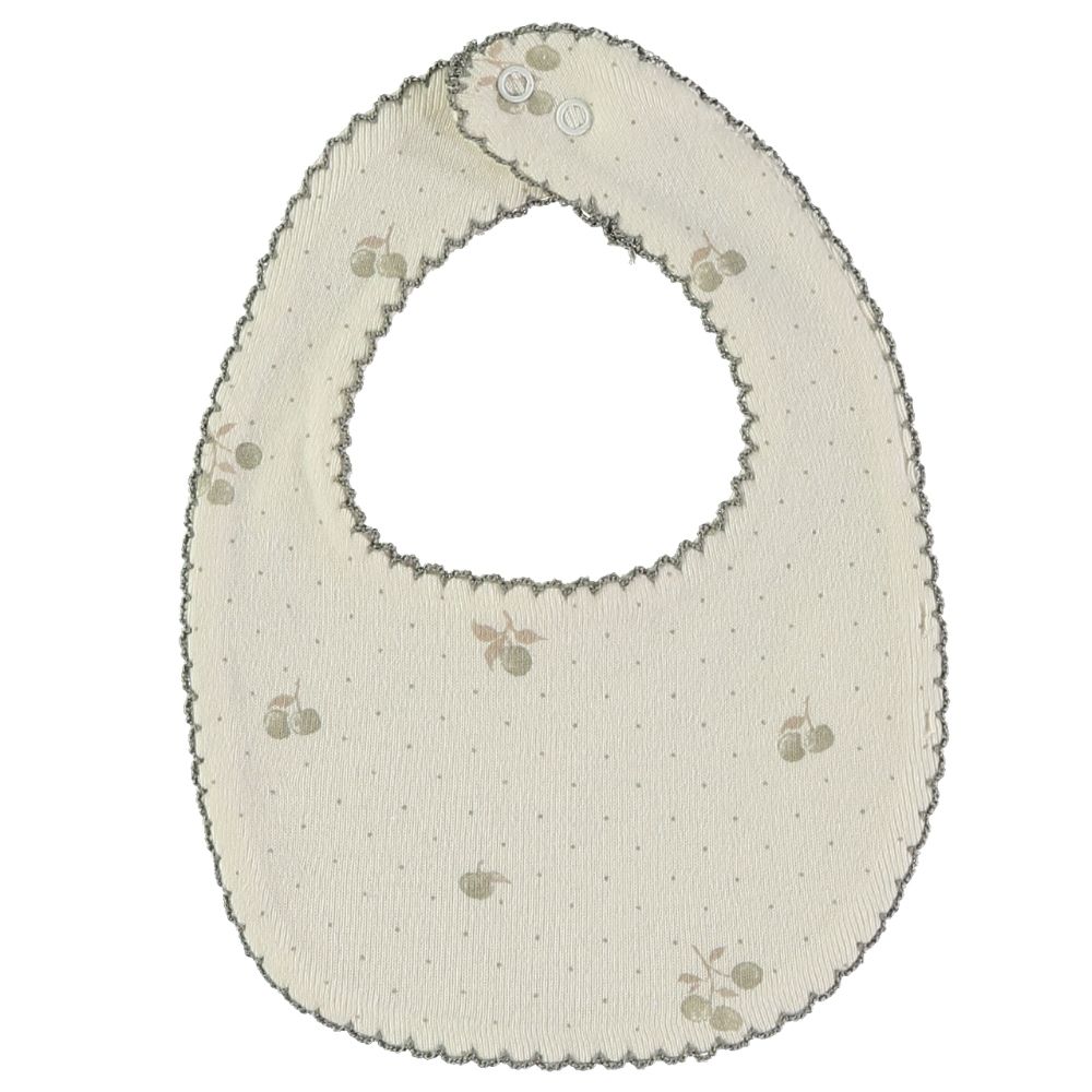 Babete creme com padrão de cerejas e botões brancos