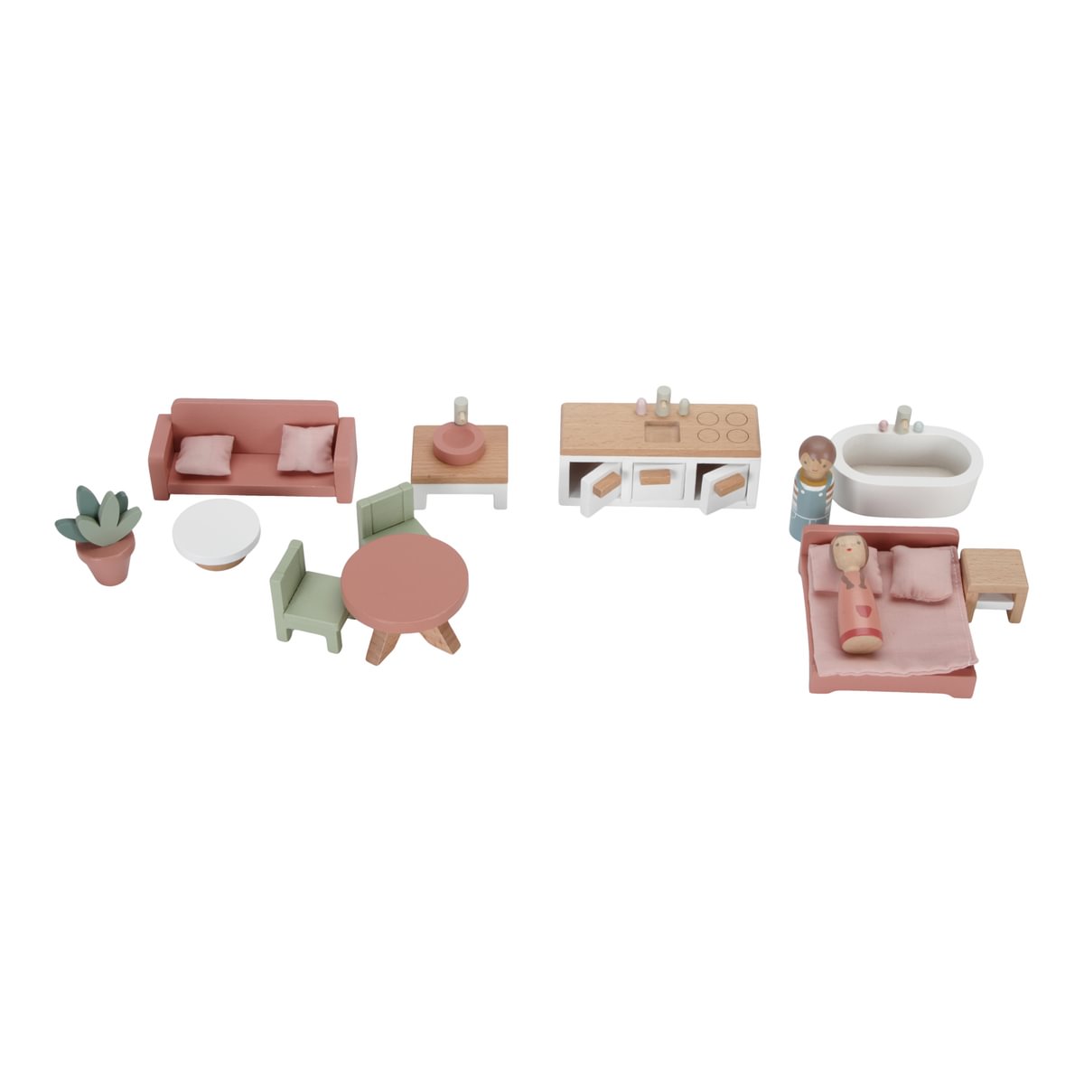 Conjunto de móveis de madeira coloridos para dollhouse com acessórios e figuras