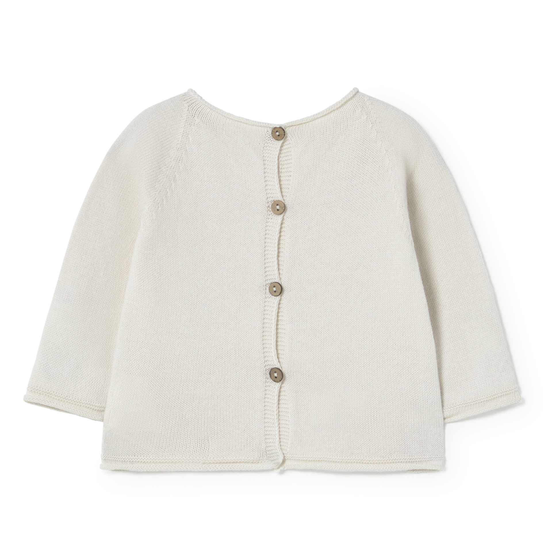 Camisola de malha creme para bebé com botões em madeira.