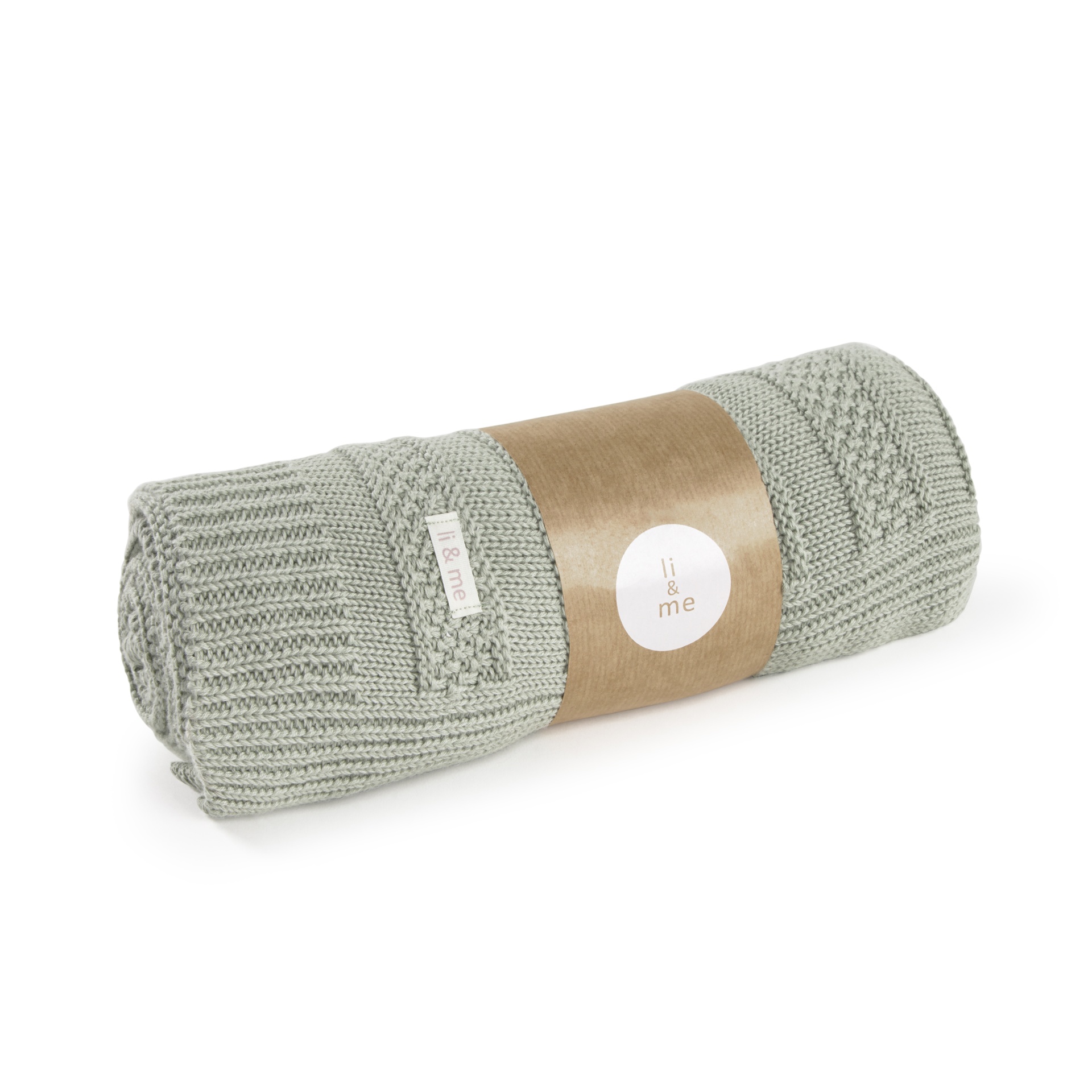 Manta de malha verde clara enrolada com etiqueta li & me