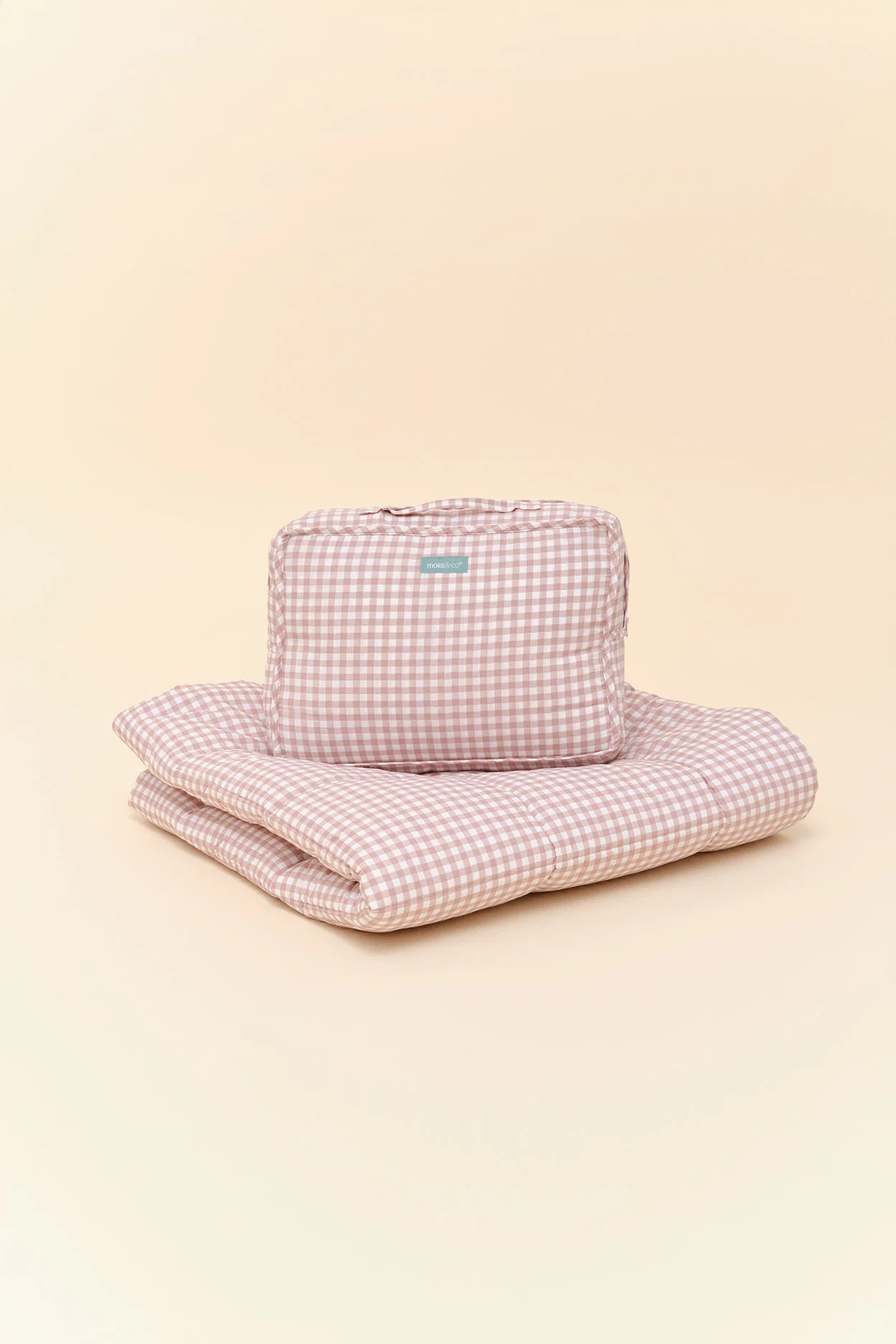 Conjunto de cama e mala de tecido xadrez rosa e branco