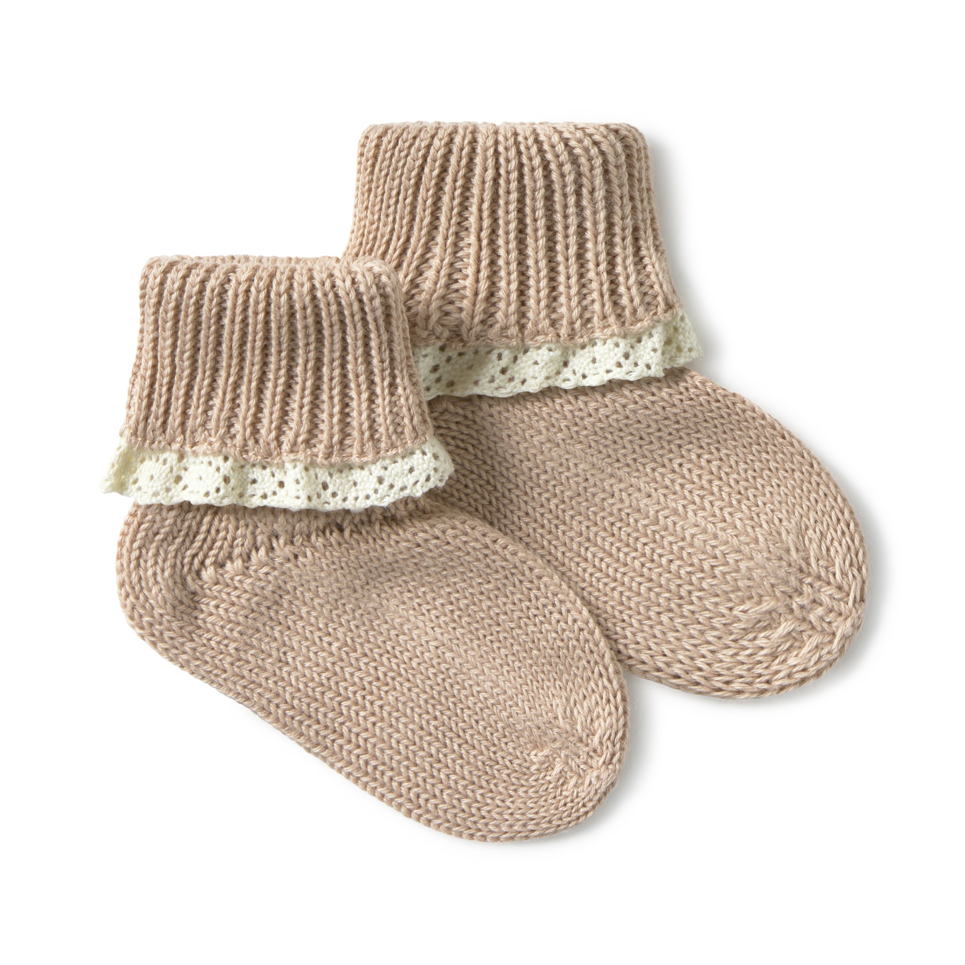 Meias bege claro com punho canelado e renda branca