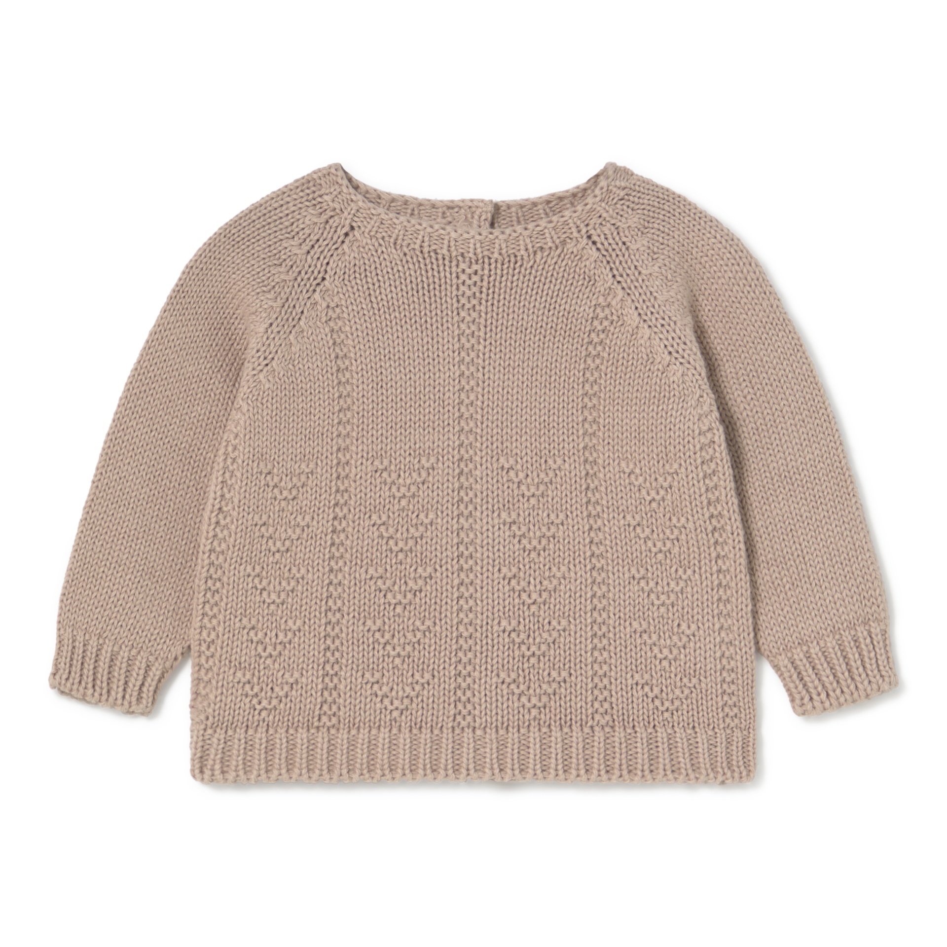 Camisola de malha bege clara com padrão decorativo e gola redonda