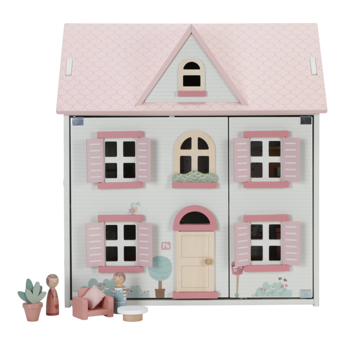 Casinha de bonecas branca e rosa com acessórios de madeira