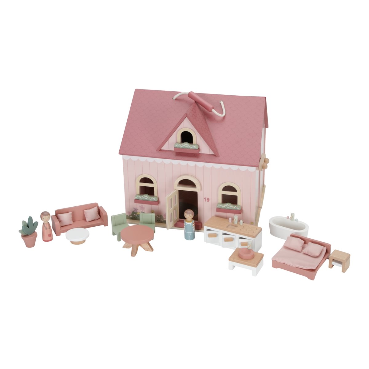 Casa de brincar rosa com móveis miniatura e figuras
