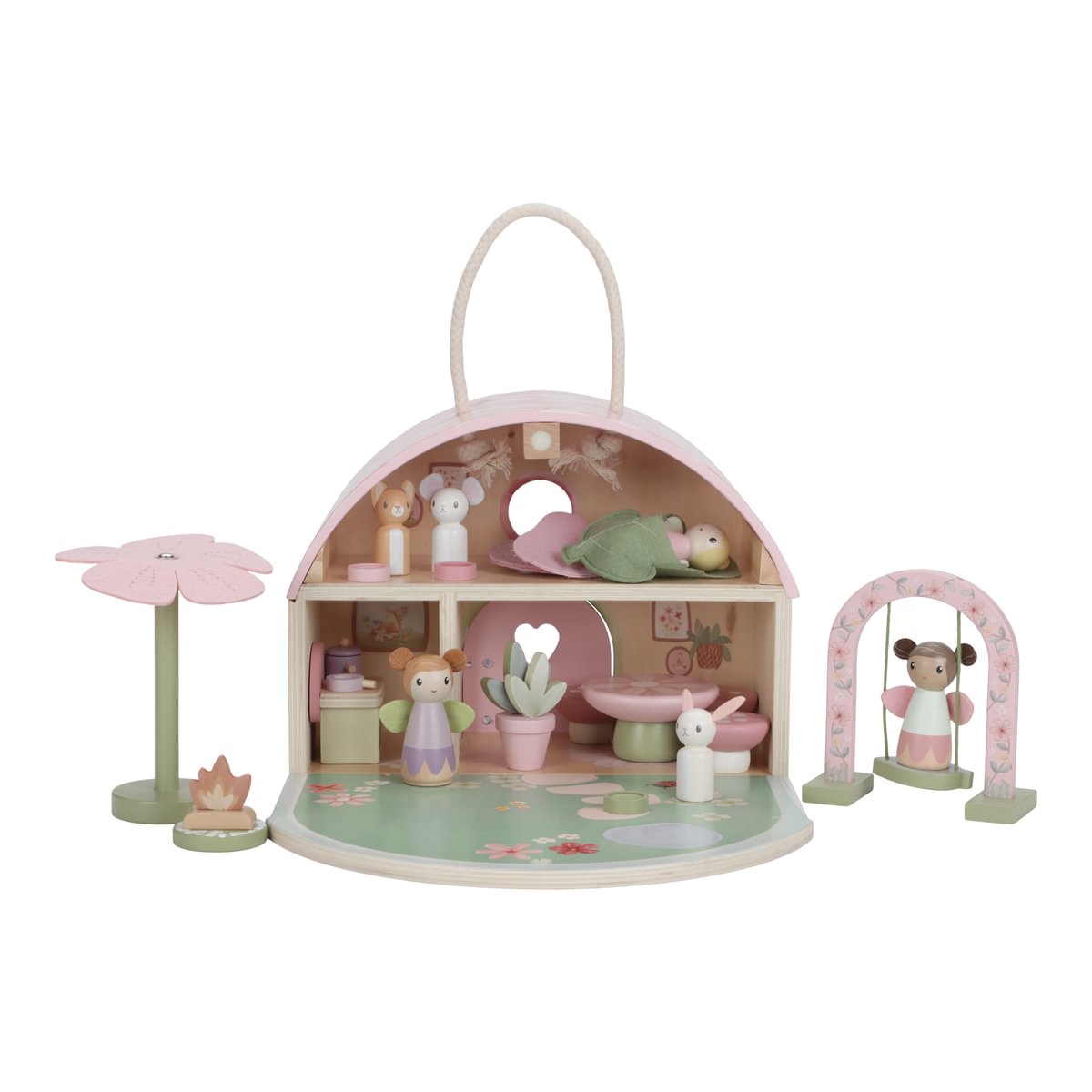 Casinha de brincar em madeira com figuras e alça para transporte