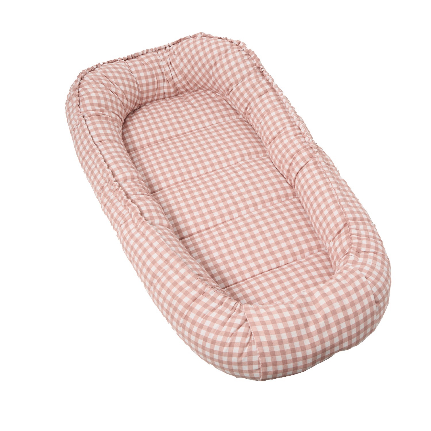 Cama para bebé almofadada rosa com padrão xadrez branco