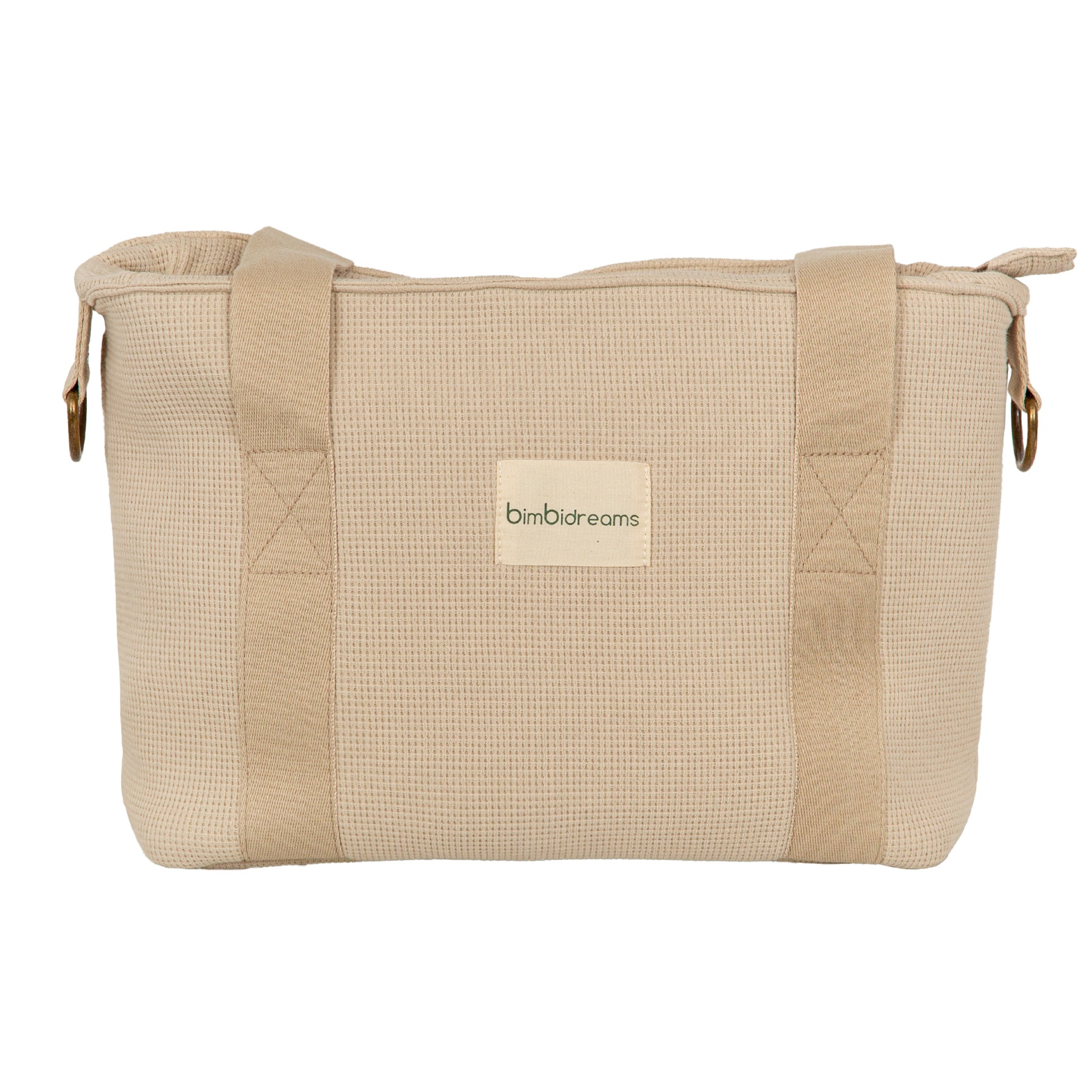 Bolsa de tecido bege com alças e etiqueta bimbidreams
