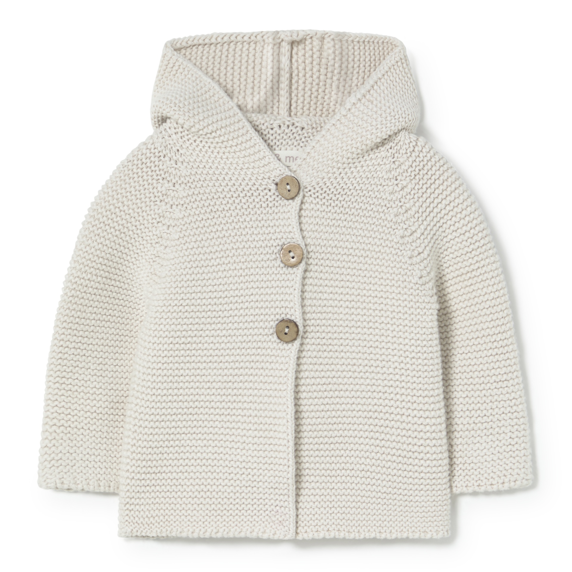 Casaco de malha bege claro com capuz e botões de madeira