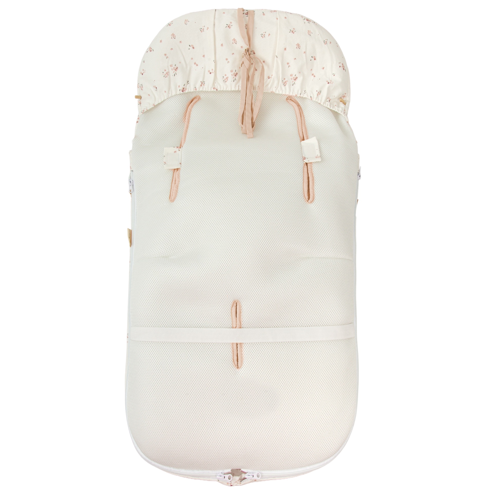 Capa para cadeirinha de bebé branca com padrão de flores e malha