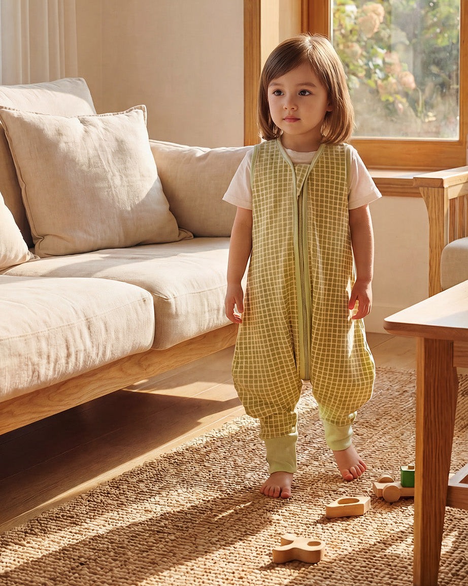 Criança com pijama saco verde e branco em sala com sofá bege e brinquedos de madeira no chão