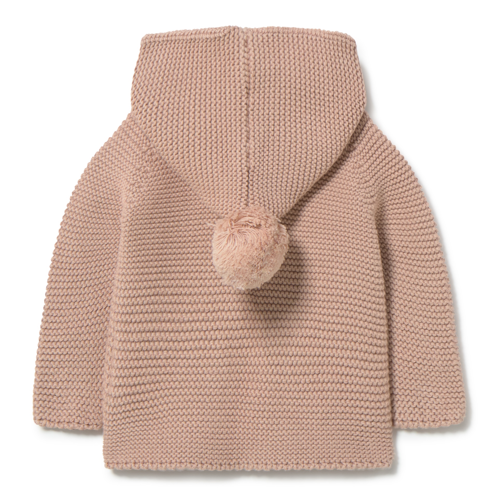 Casaco de malha rosa claro com capuz e pompom