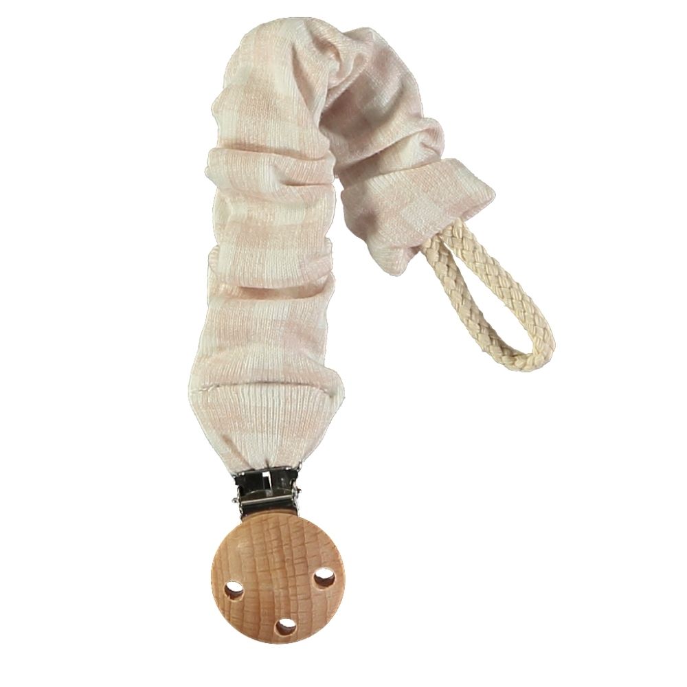 Clipe para chupeta em tecido bege com clipe de madeira e alça trançada