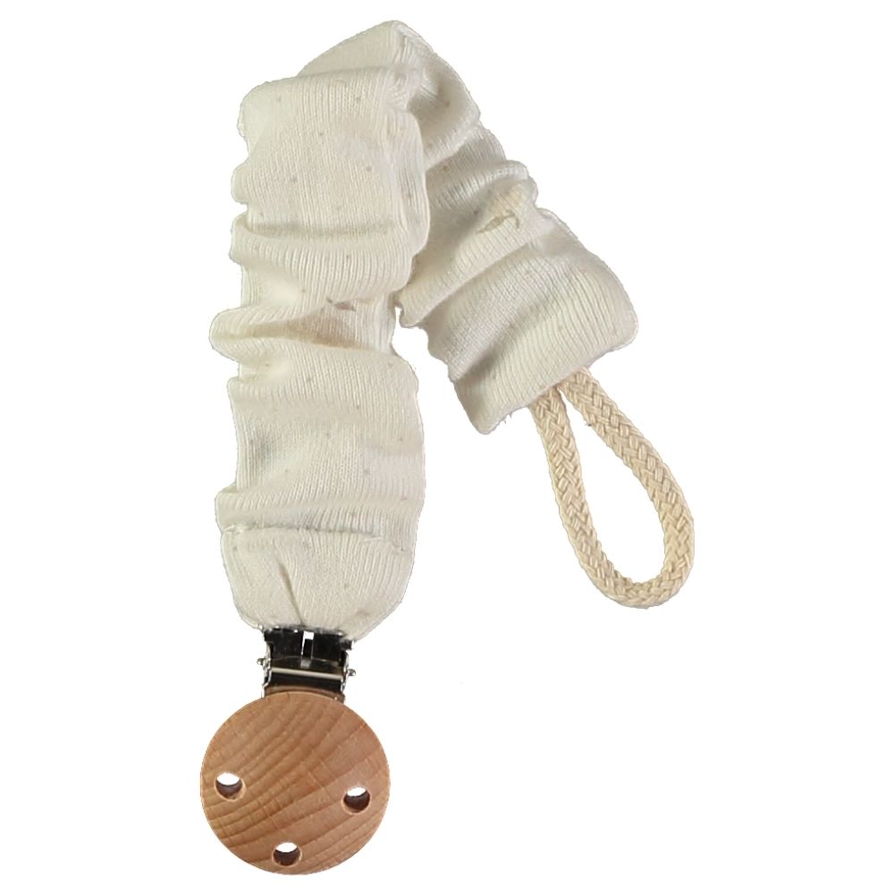 Clips para chupeta com tecido branco e clipe de madeira