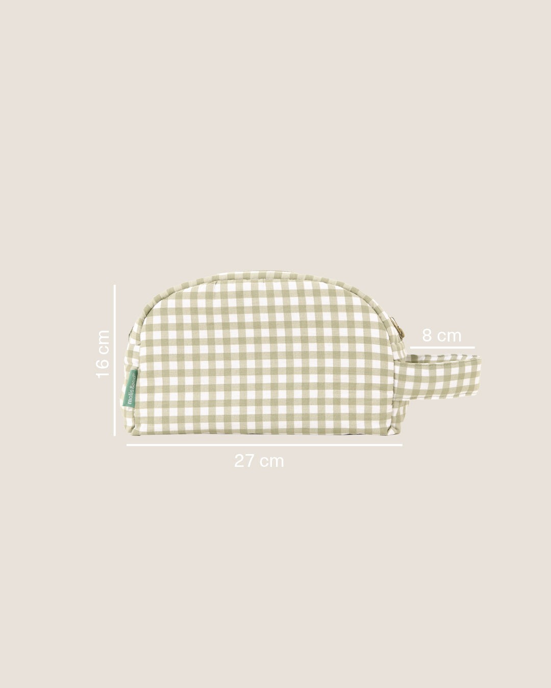 Necessaire em tecido xadrez verde e branco com pega lateral, vista frontal
