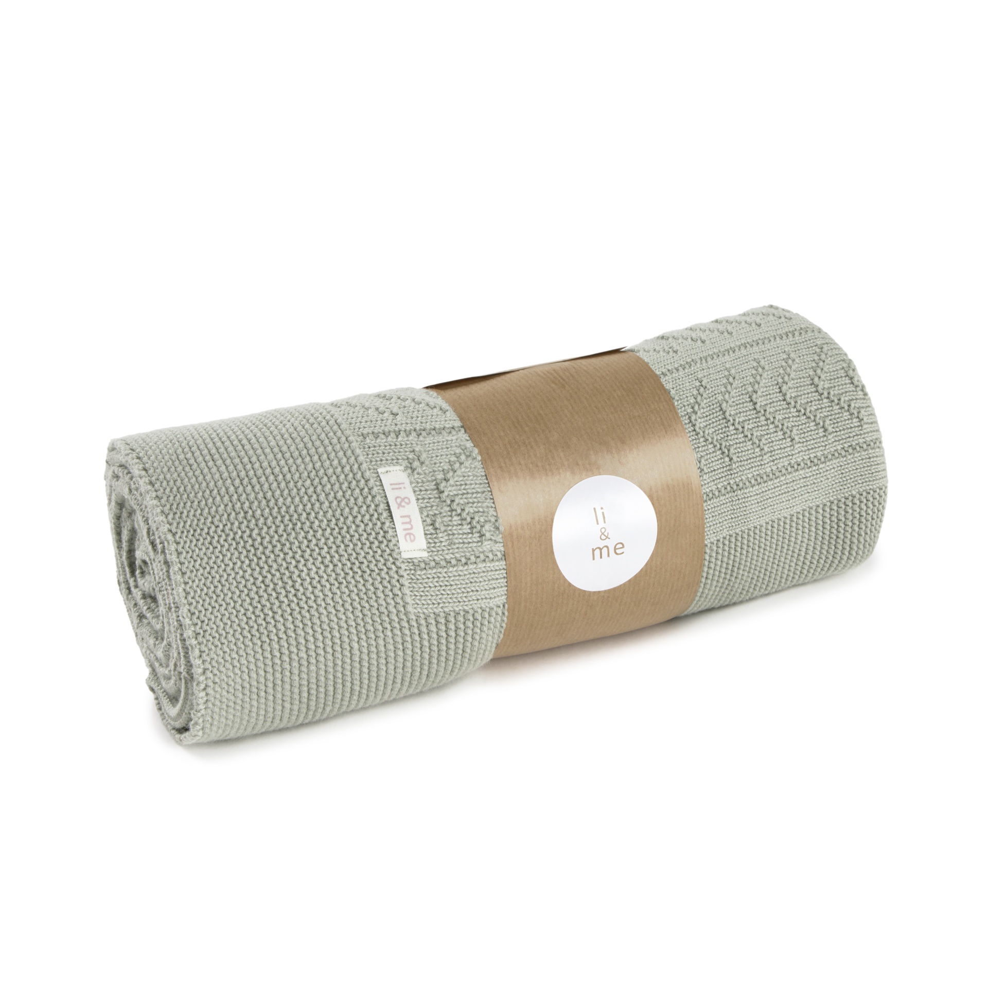Manta cinza claro de malha enrolada com etiqueta li & me