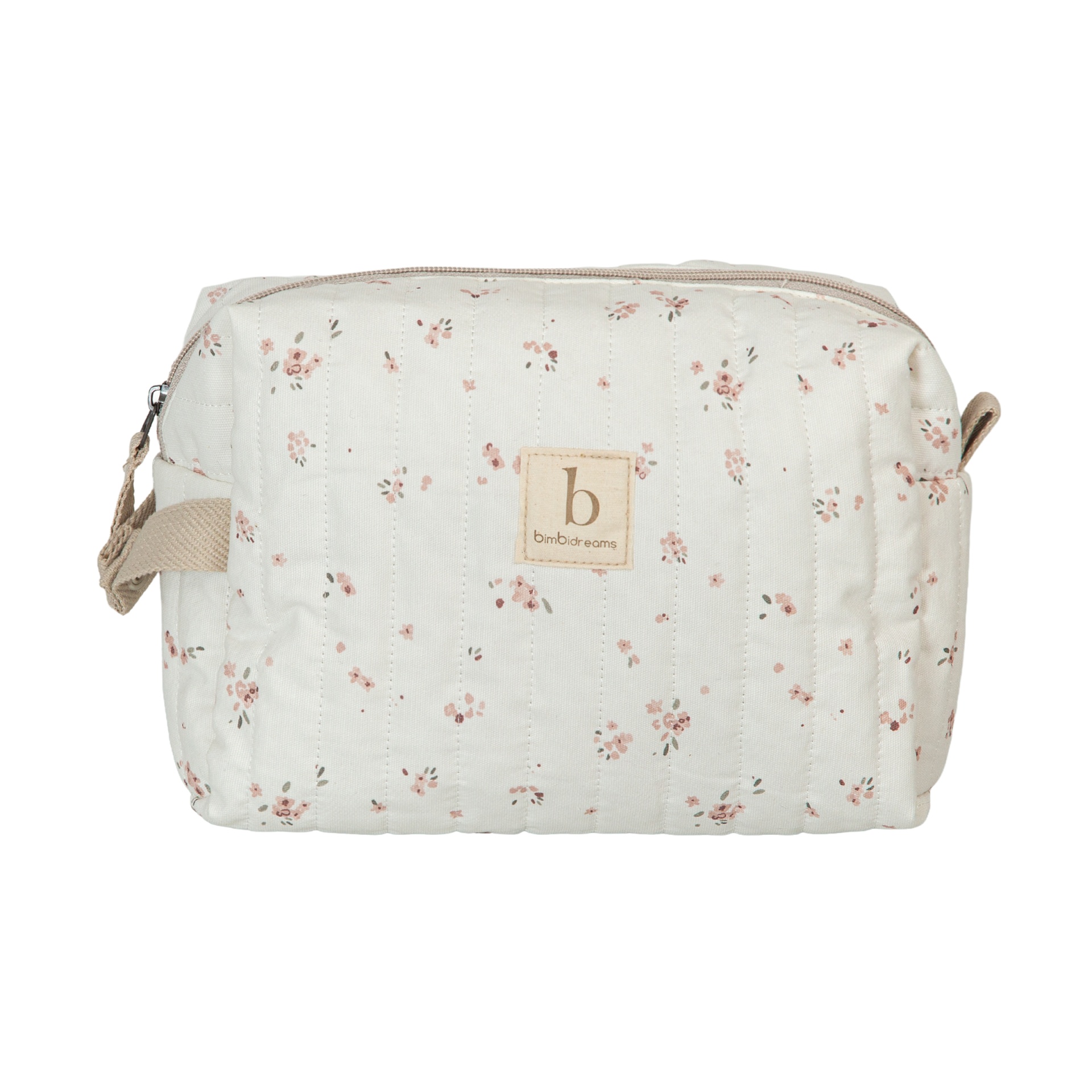 Bolsa de tecido com padrão floral e etiqueta bimbidreams