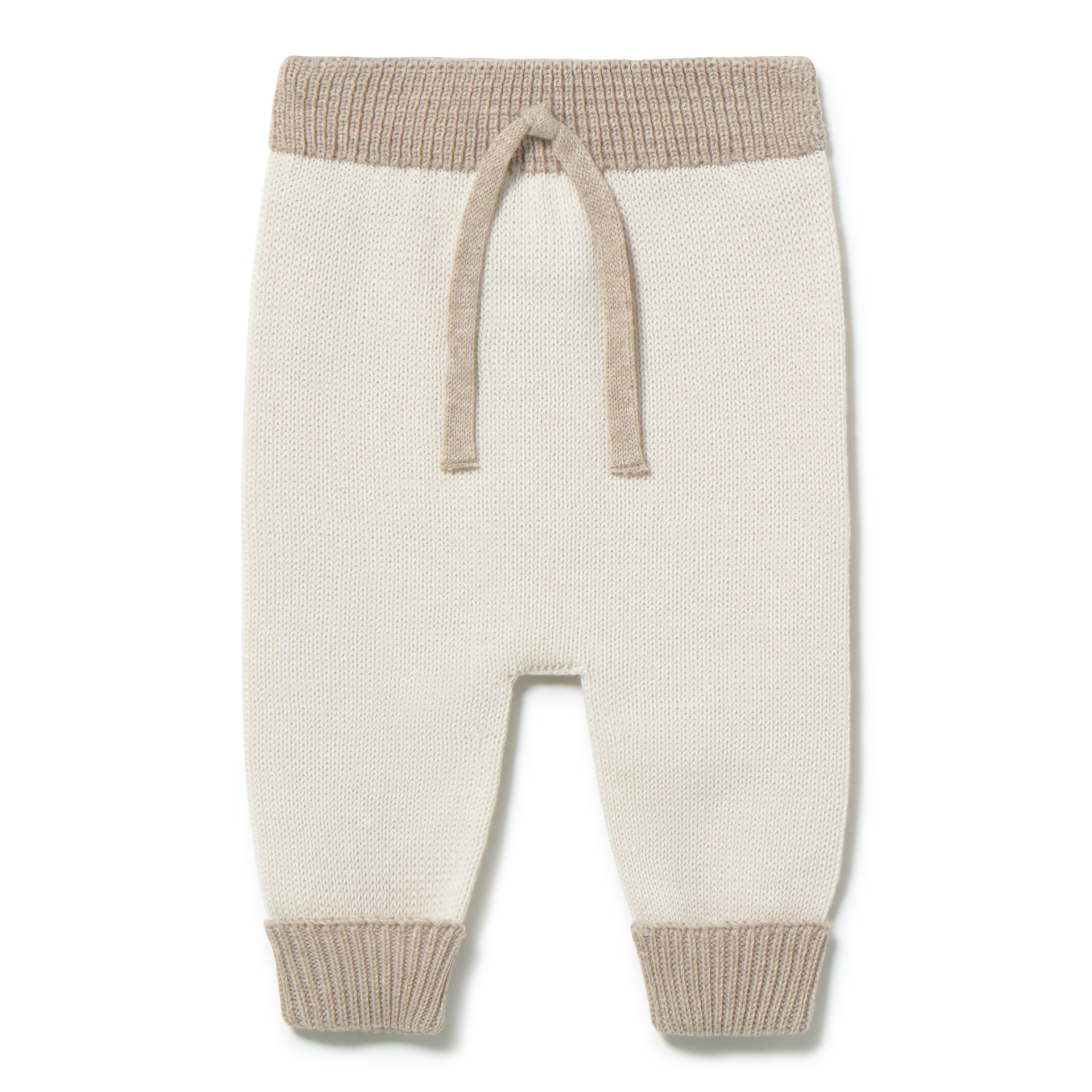 Calças de malha creme para bebé com detalhes bege e cordão ajustável