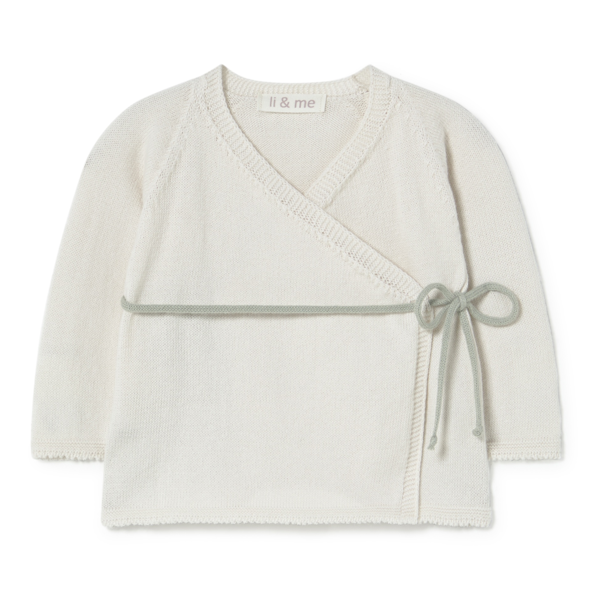 Casaco cruzado de malha creme com laço cinza e etiqueta il & me