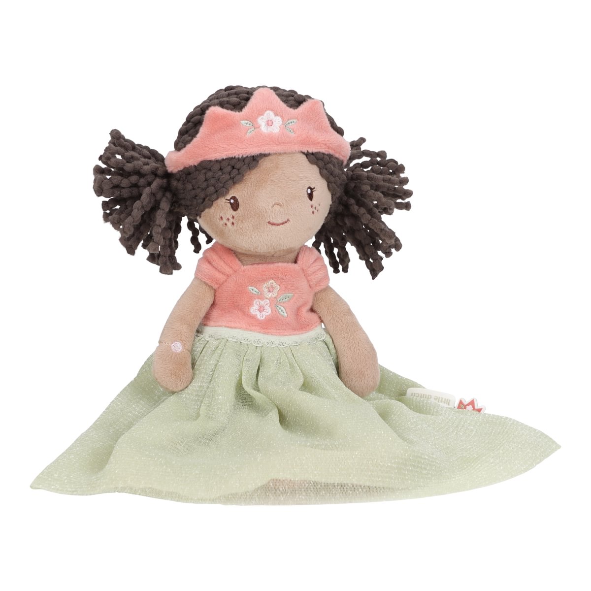 Boneca de peluche com coroa rosa e vestido verde