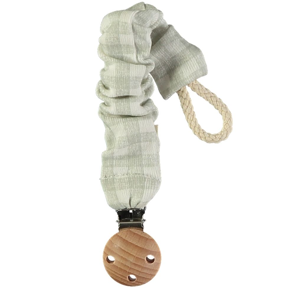 Porta-chupeta com cinta elástica cinzenta e clip de madeira