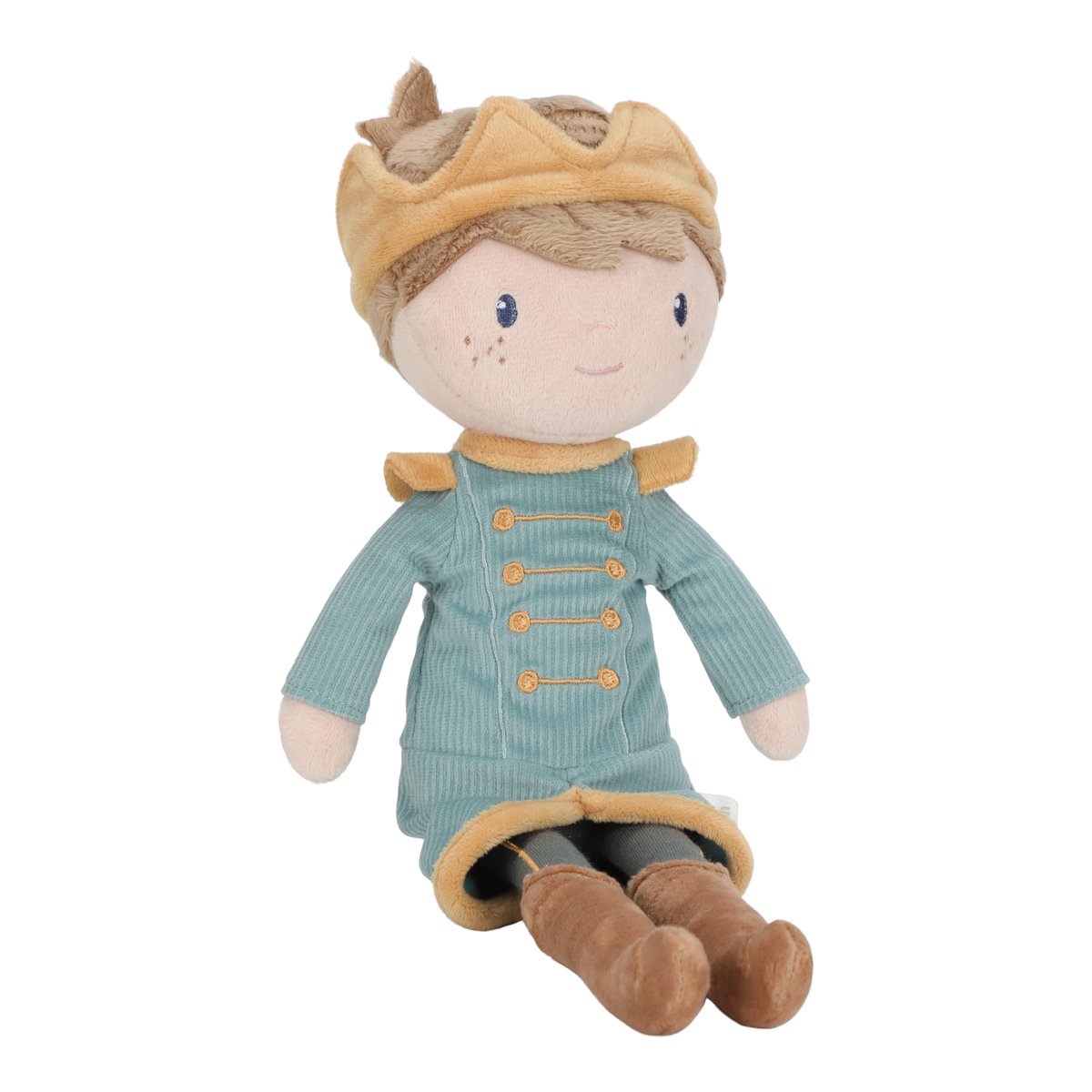 Boneco de pelúcia vestido de príncipe com coroa castanha clara e vestido azul.