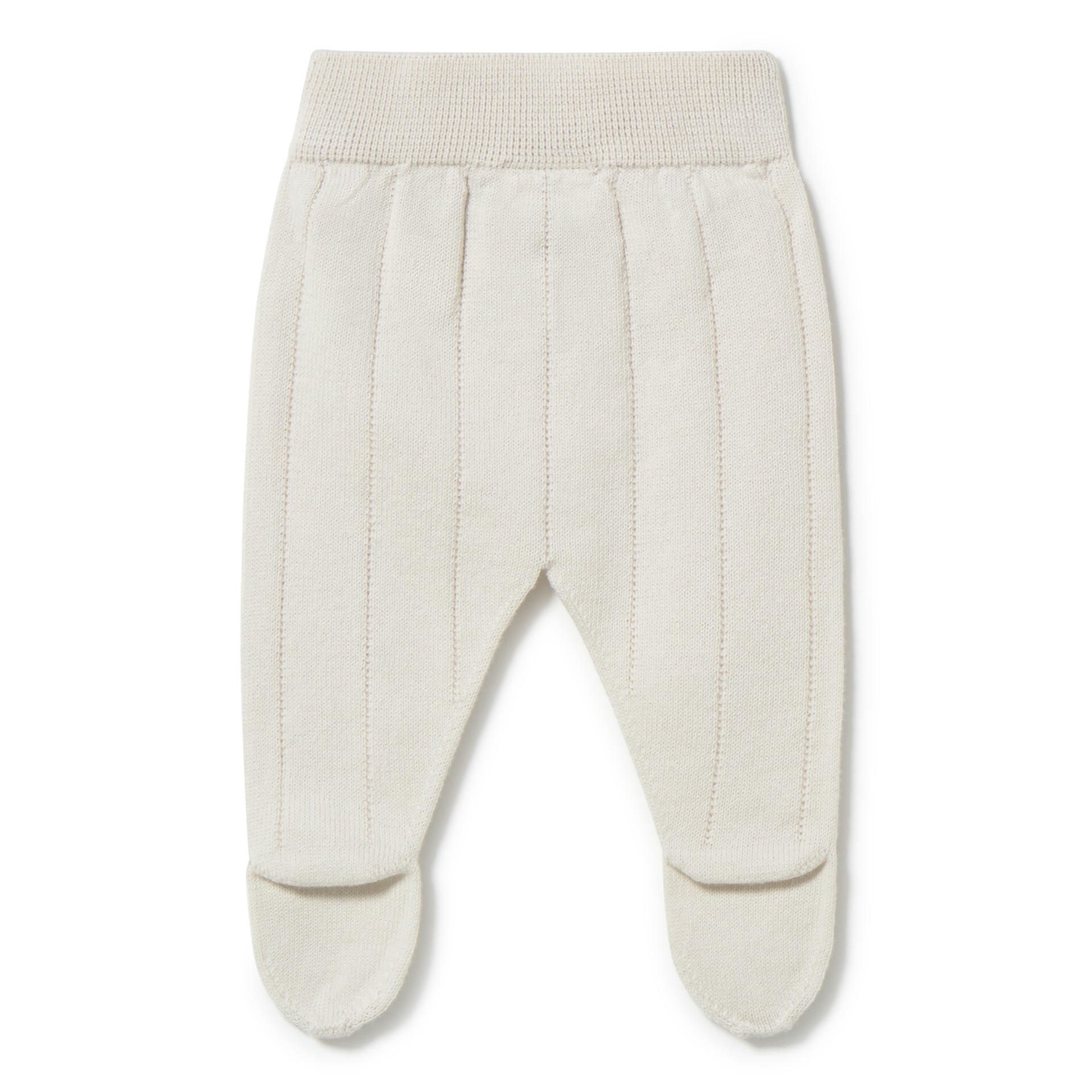 Calças de bebé creme com pés, riscas verticais e cós elástico largo