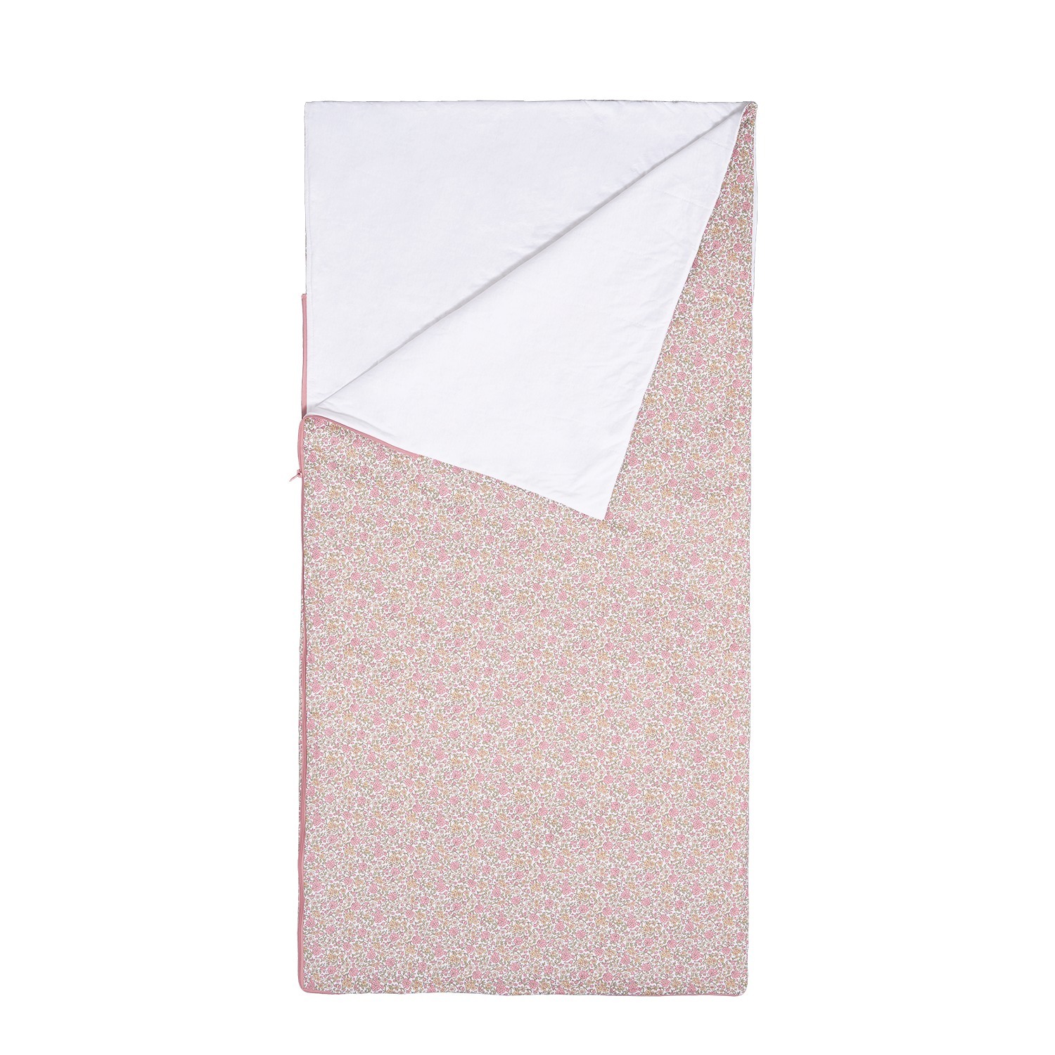 Colcha reversível branca com padrão floral rosa e castanho