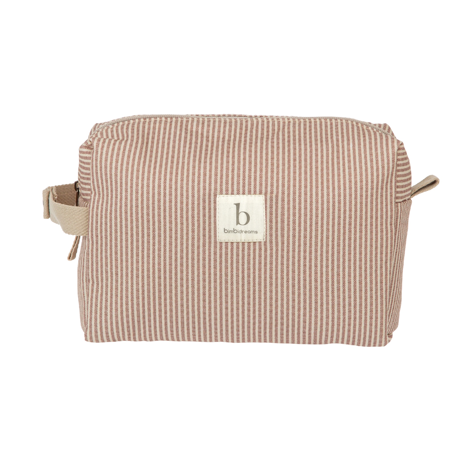 Bolsa de tecido castanho claro com riscas e etiqueta bimbidreams