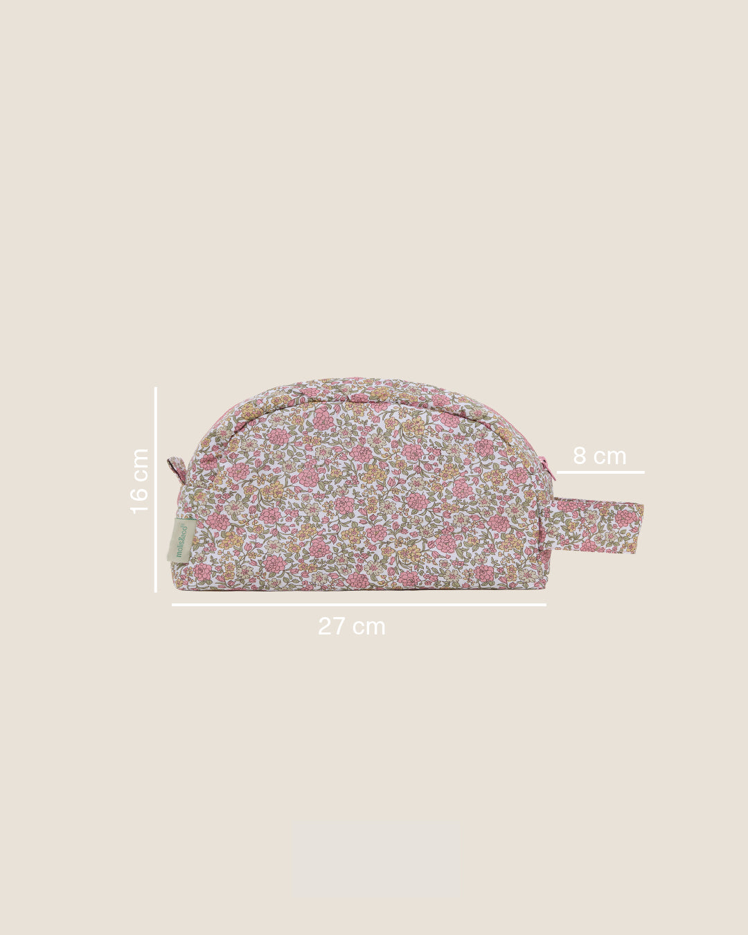 Necessaire floral rosa e verde semicircular com etiqueta e dimensões visíveis