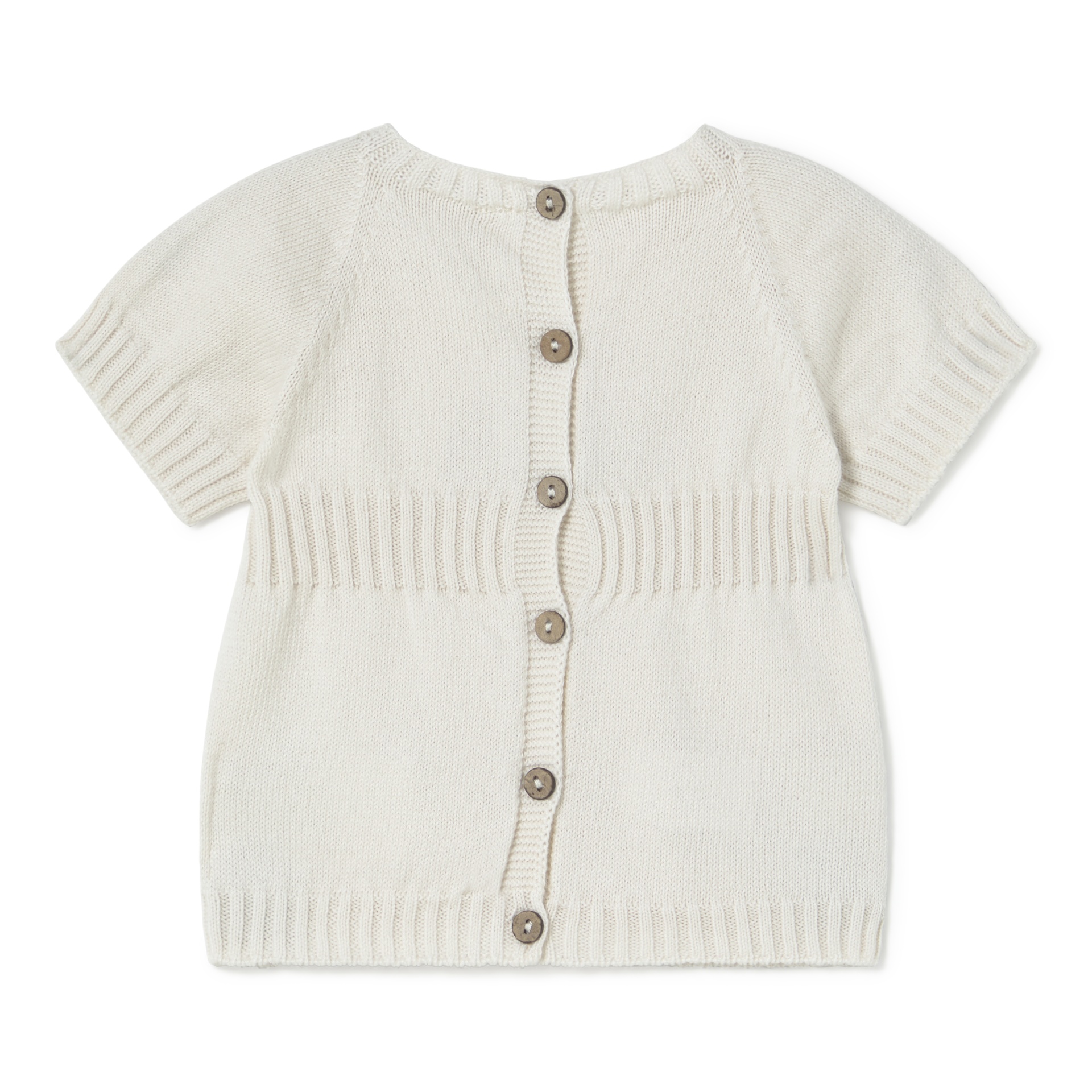 Casaco infantil de malha creme com botões frontais em madeira