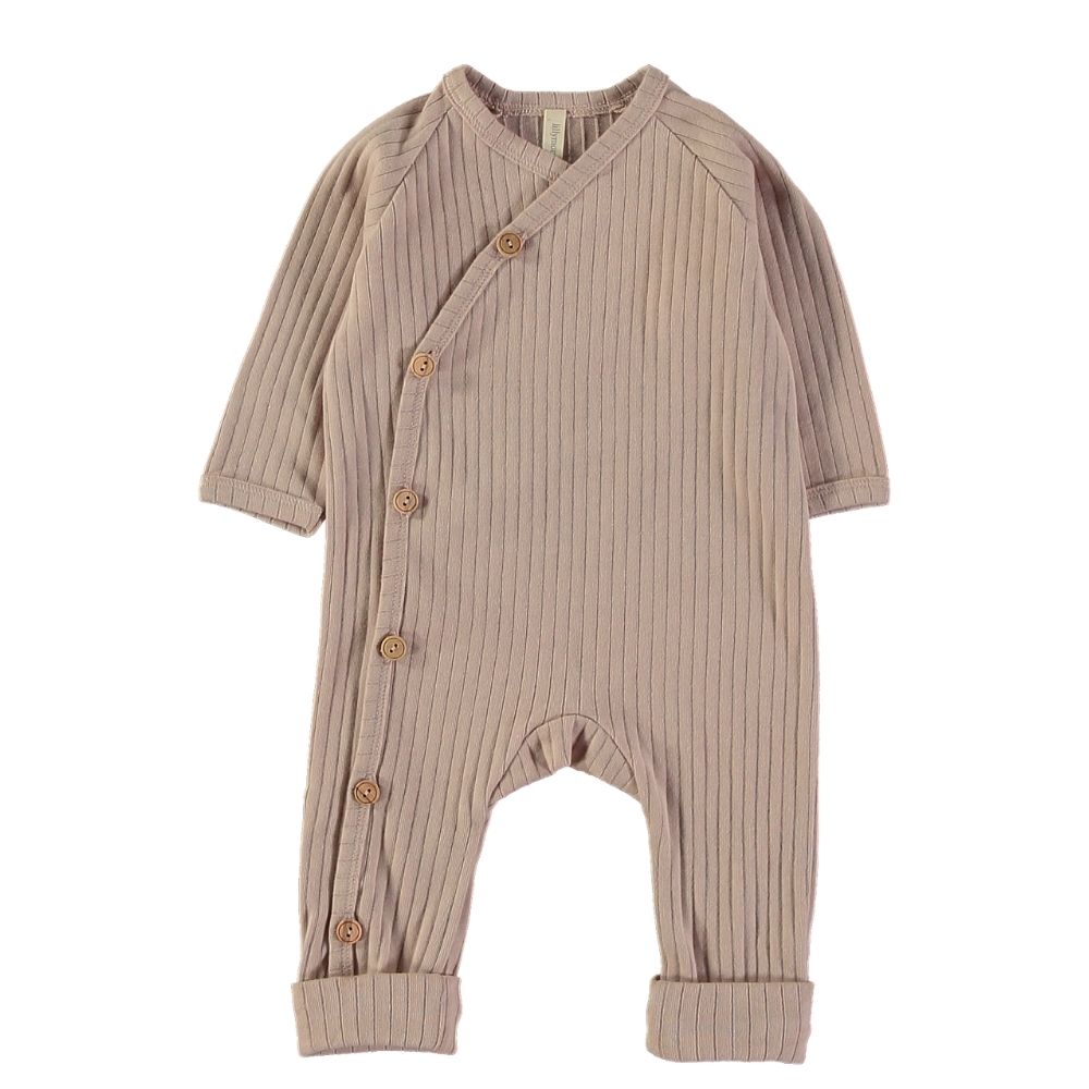 Macacão de bebé bege claro canelado com botões frontais
