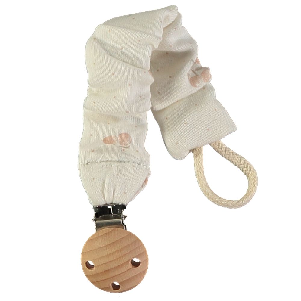 Prendedor de chupeta com tecido bege claro e madeira redonda
