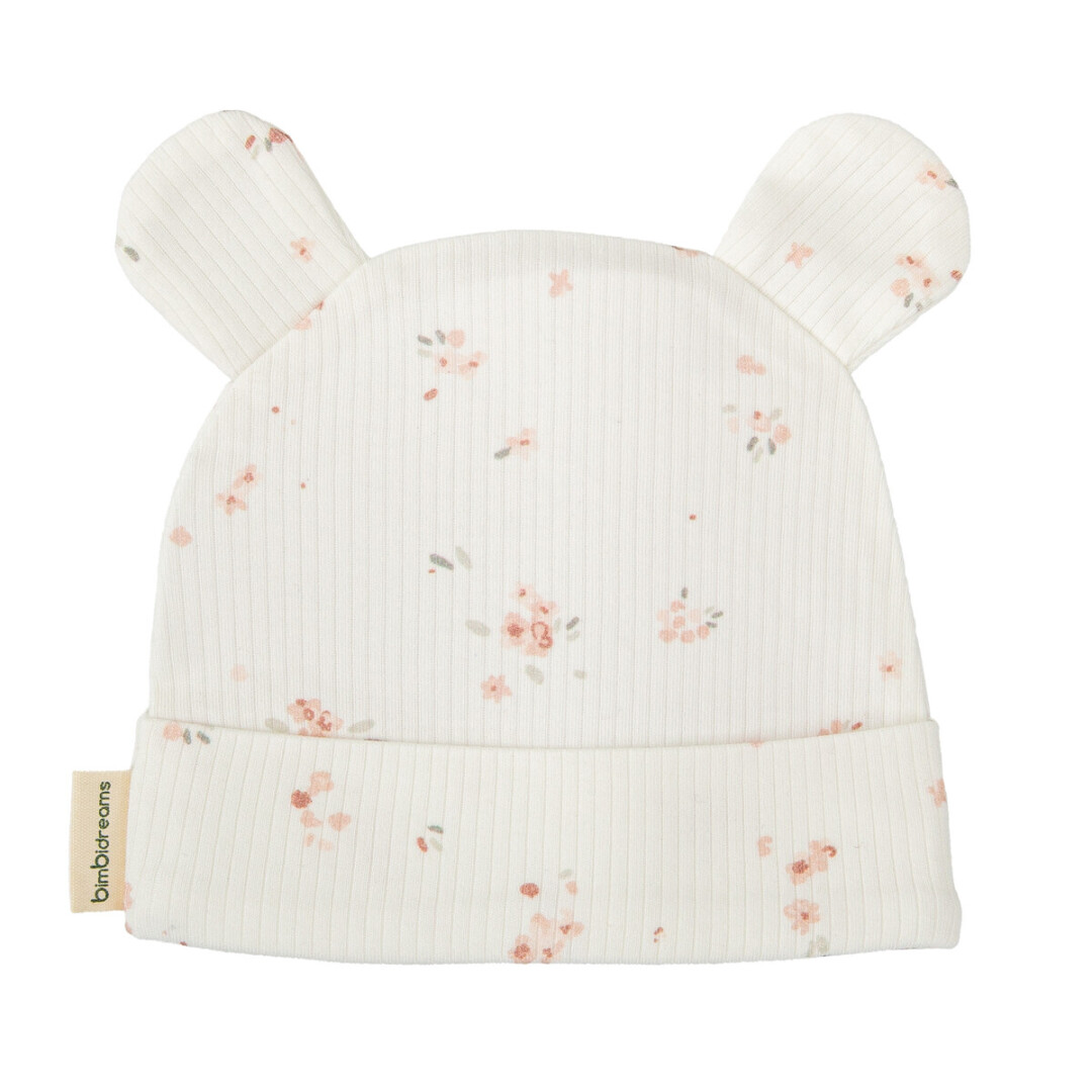 Gorro branco para bebé com padrão floral e orelhas