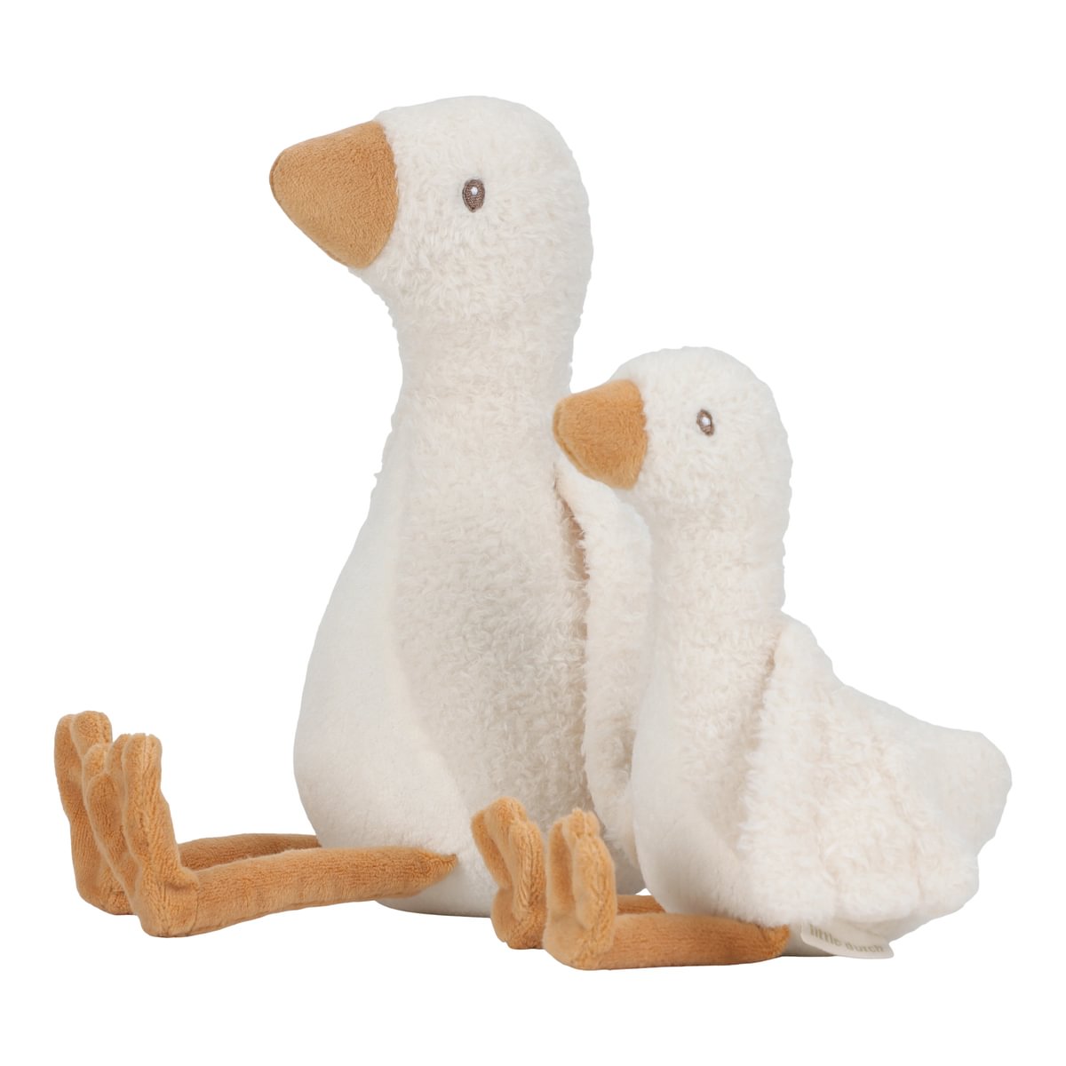 Dois patos de peluche branco e bege com bicos e patas castanhas