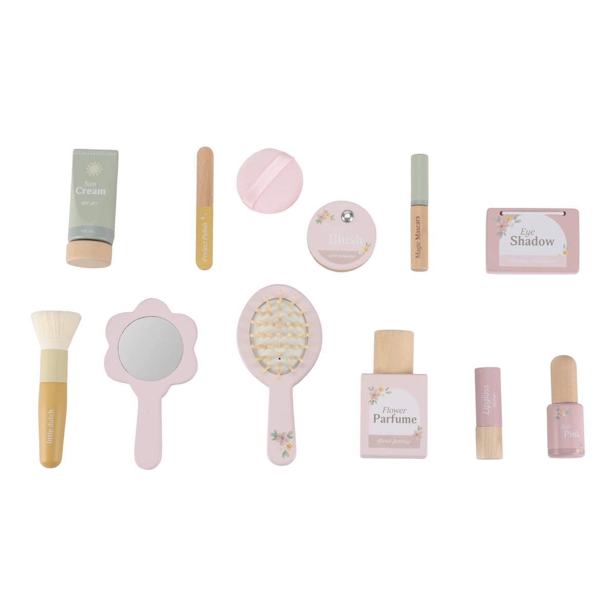 Conjunto de acessórios de maquilhagem em tons de rosa suave sobre fundo branco