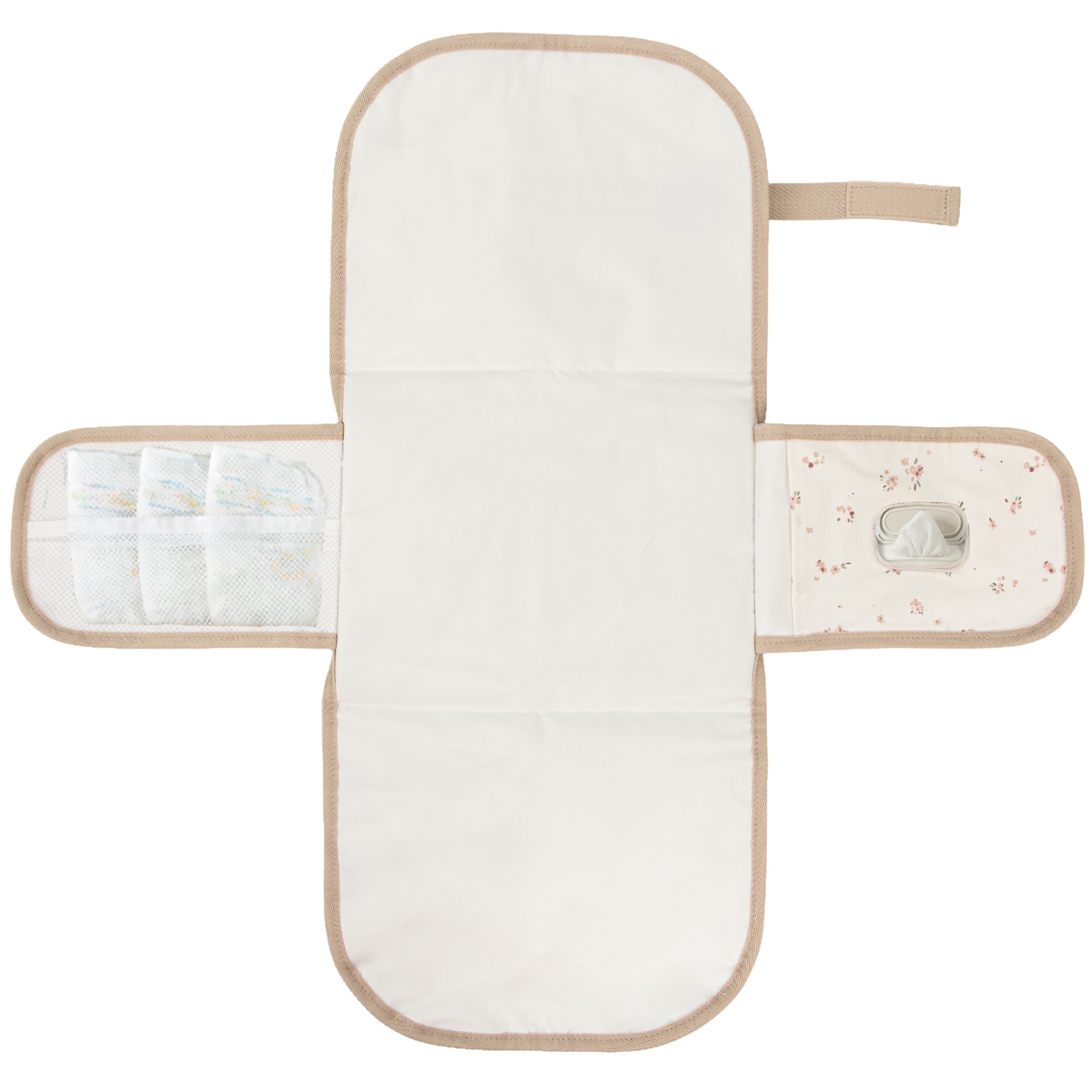 Trocador portátil para bebés branco com bordas bege e compartimentos laterais