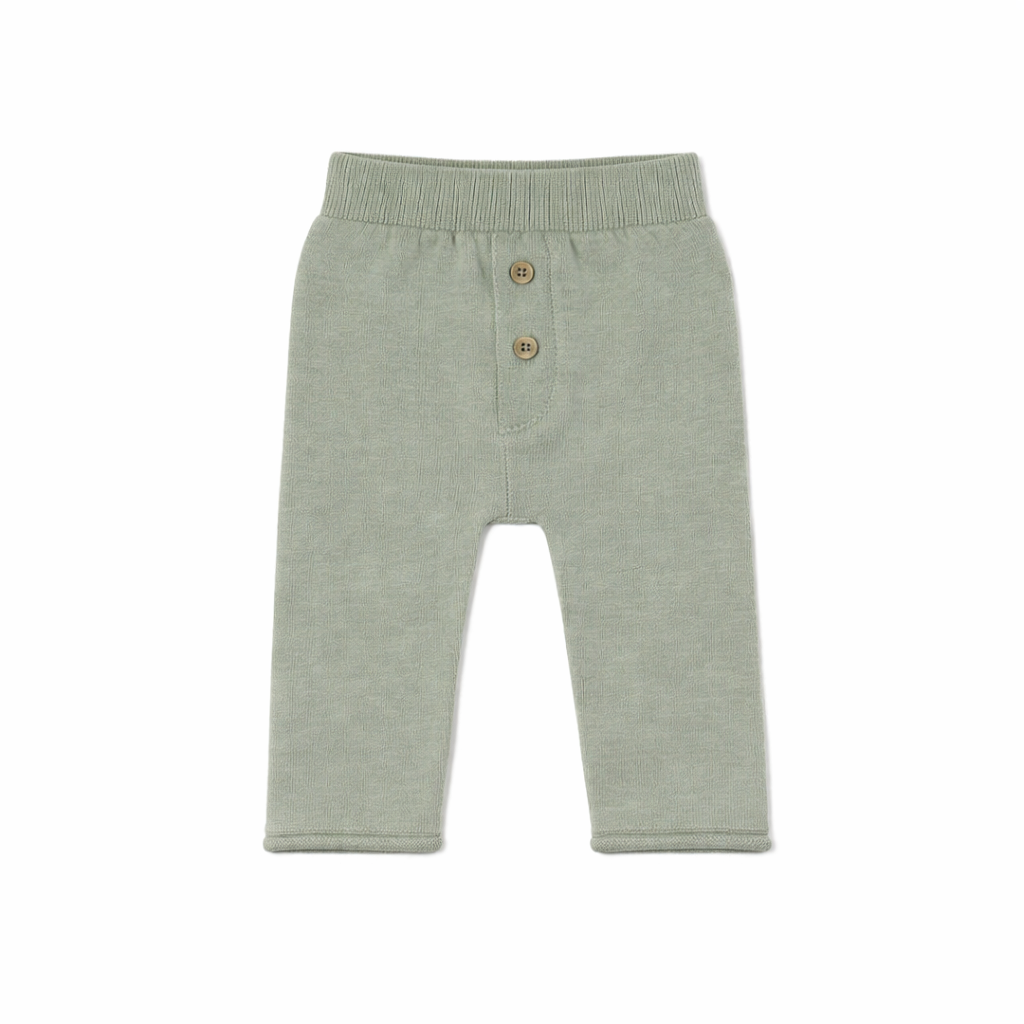 Calças de bebé de malha verde clara com botões