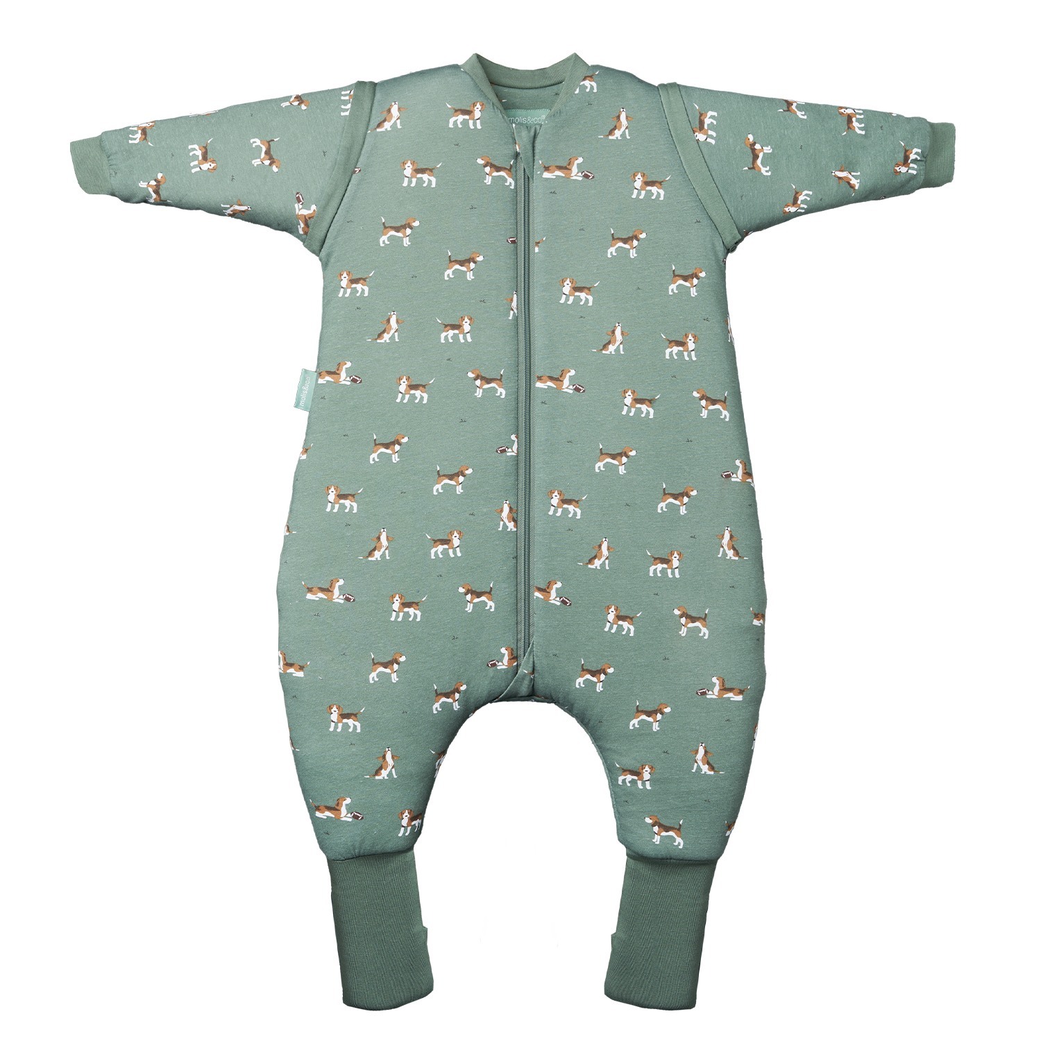 Pijama de bebé verde com padrão de cães beagle