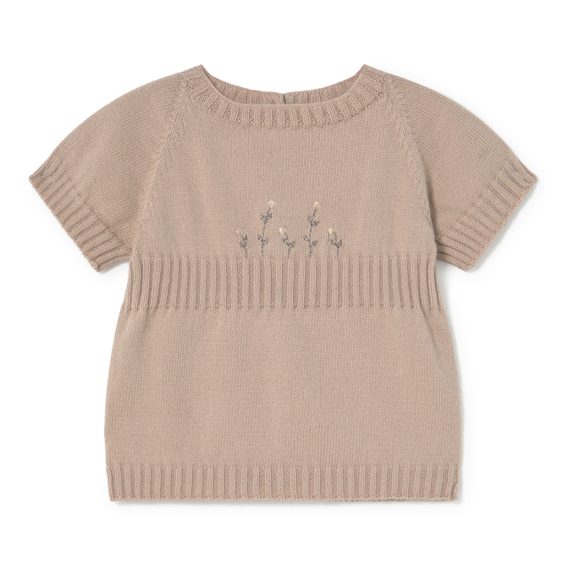 Camisola de malha bege de manga curta com flores bordadas