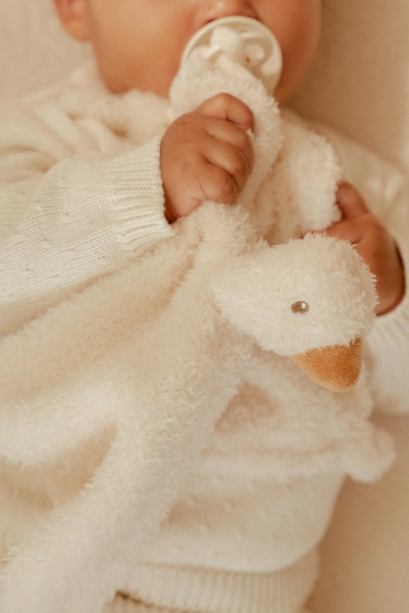 Bebé com camisola branca segurando manta de pelúcia em forma de pato e chupeta branca.