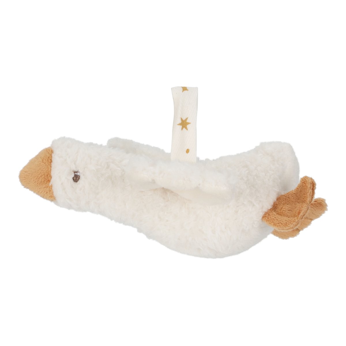 Brinquedo de pelúcia em forma de ganso branco com bico e patas castanhas