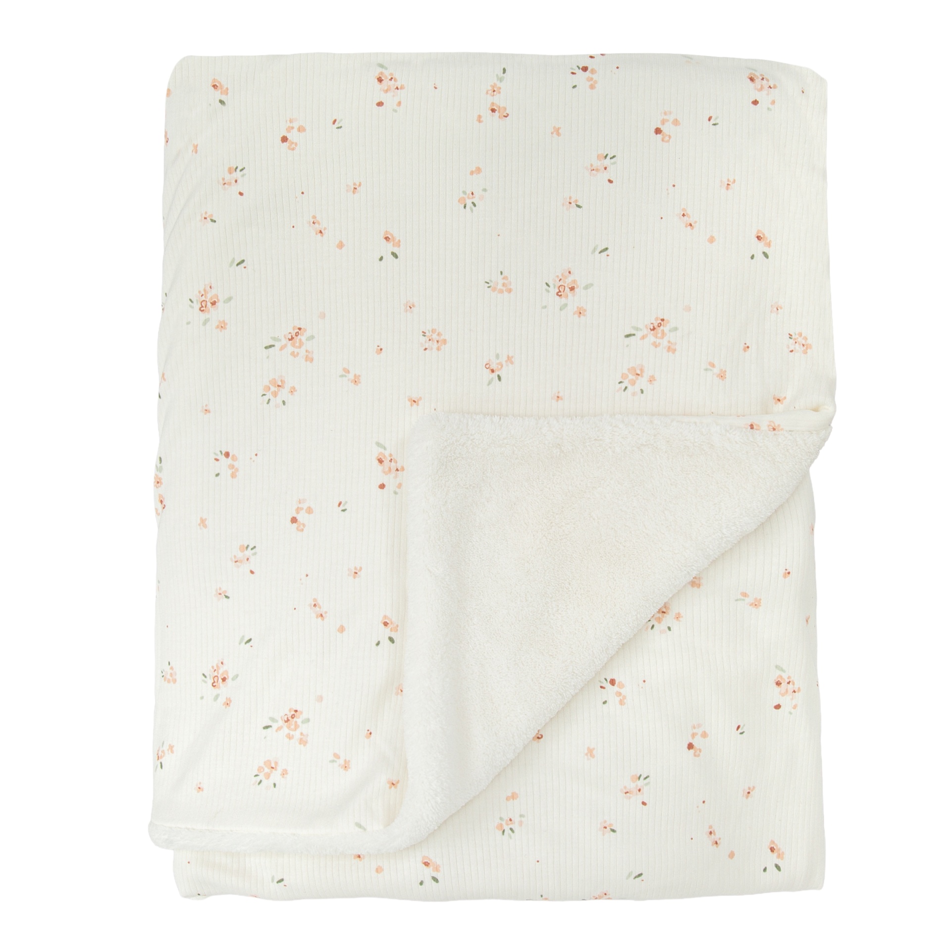 Manta branca com padrão de pequenas flores cor-de-rosa.