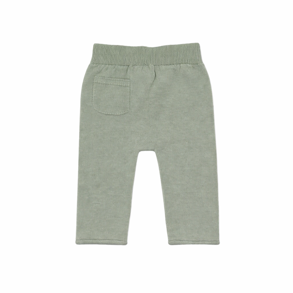 Calças de criança em malha cinza clara com bolso e cinto elástico